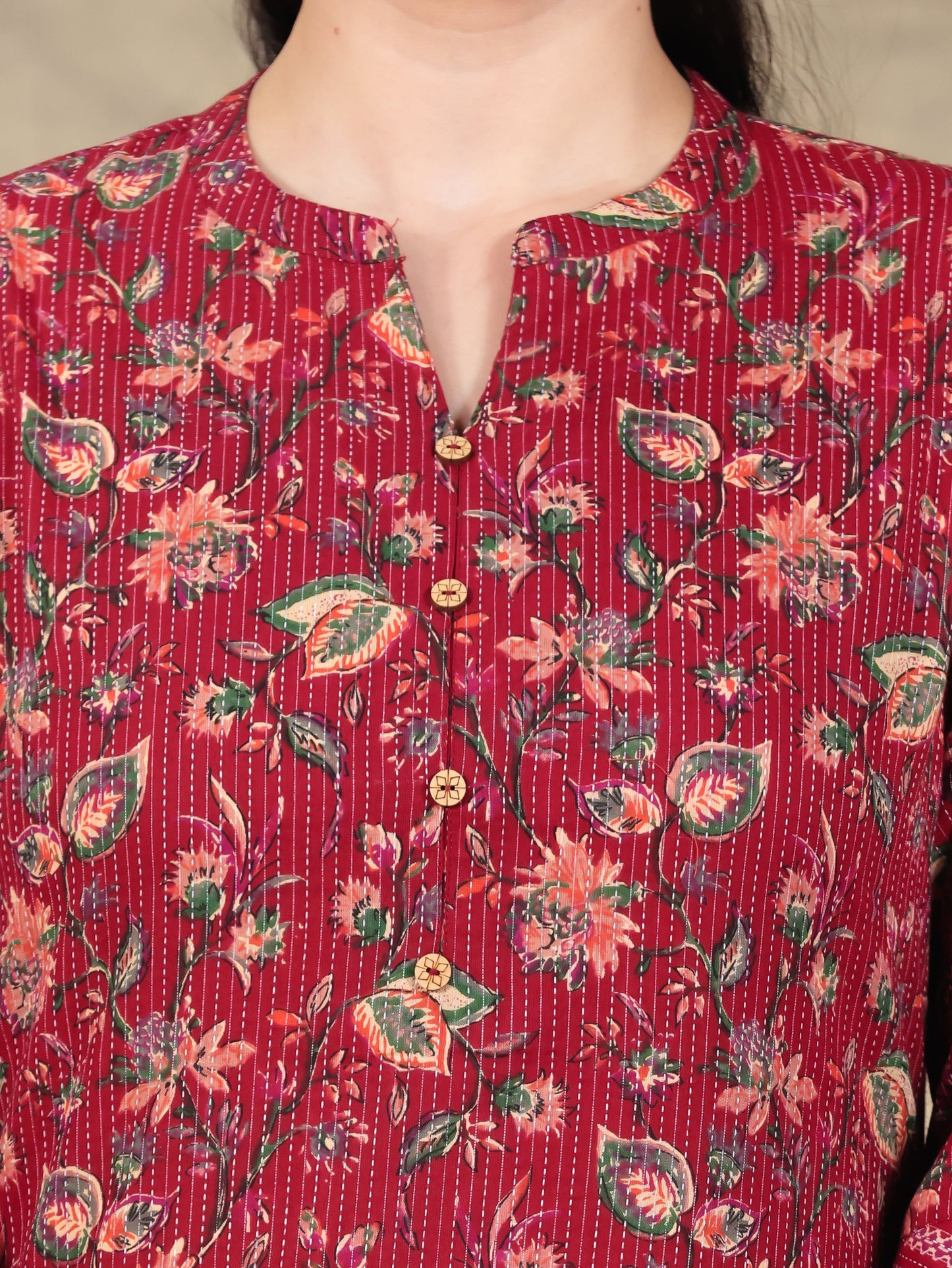 Kantha Cotton Floral Straight Red Kurta