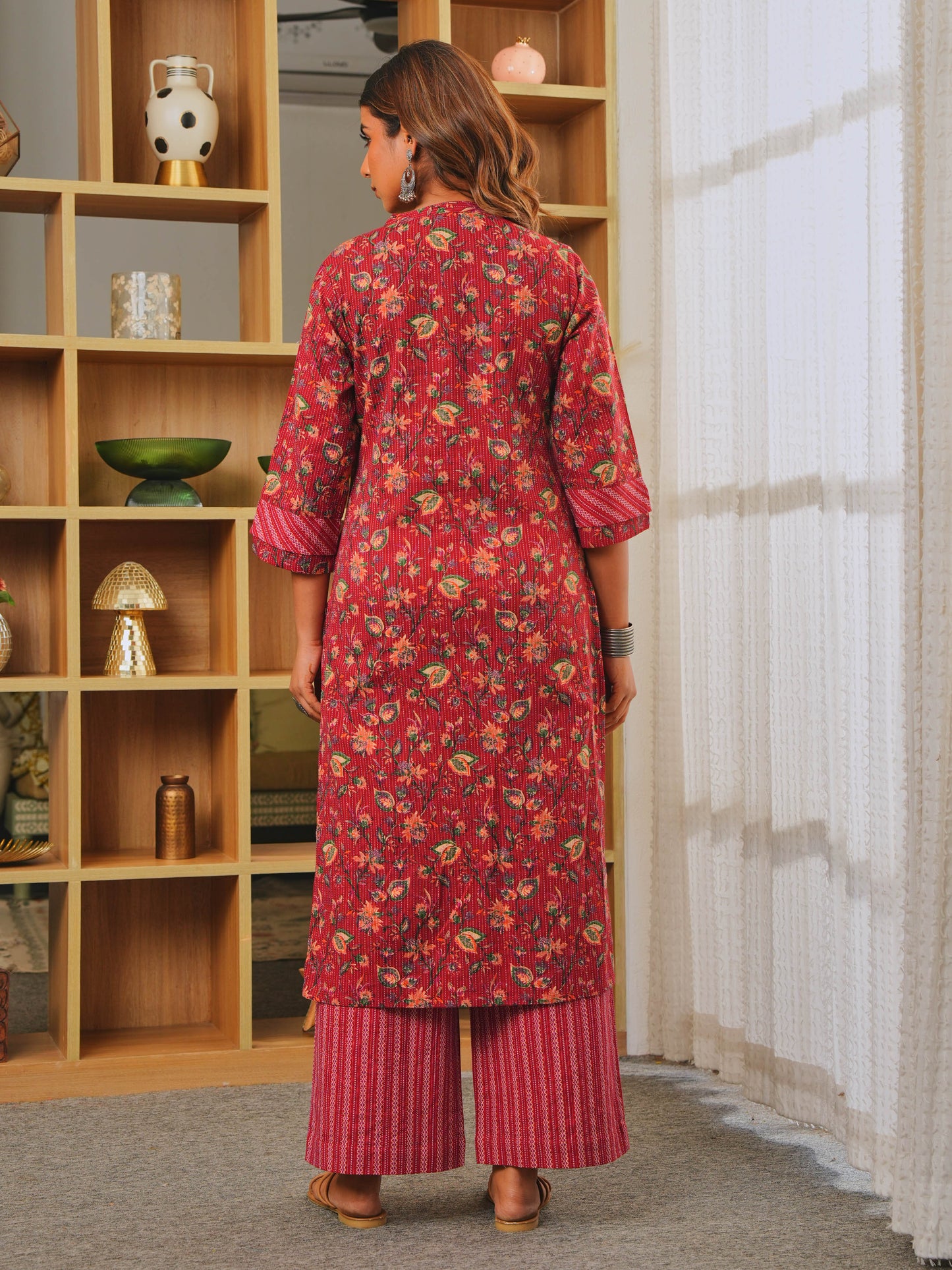 Kantha Cotton Floral Straight Red Kurta