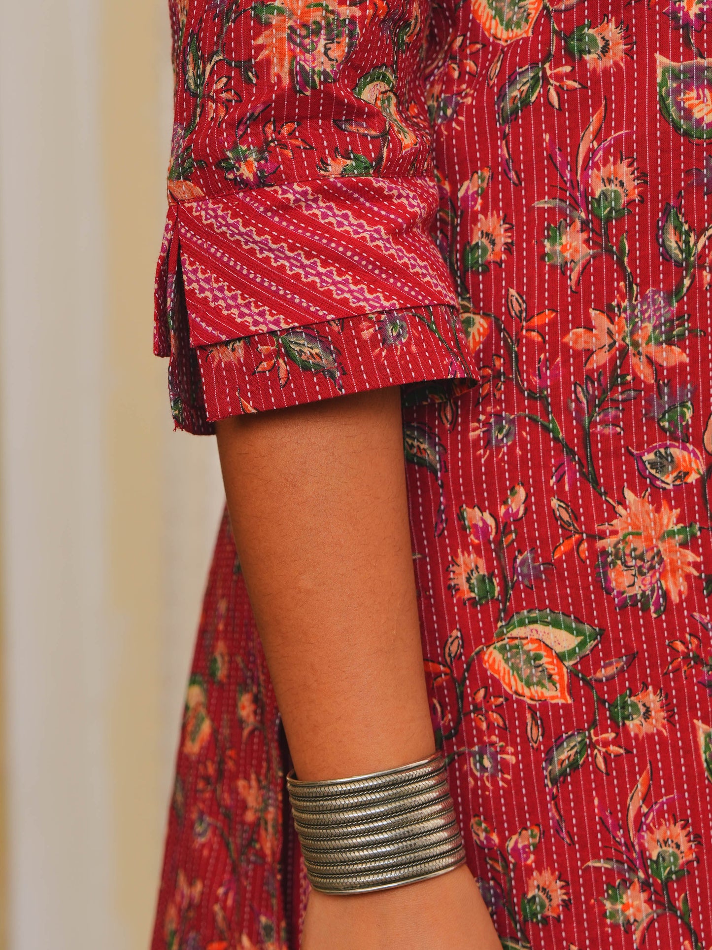 Kantha Cotton Floral Straight Red Kurta