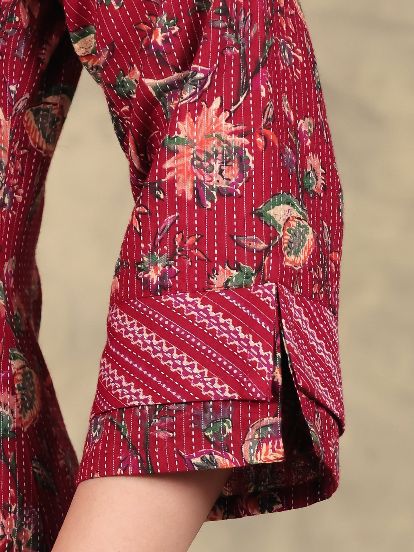 Kantha Cotton Floral Straight Red Kurta