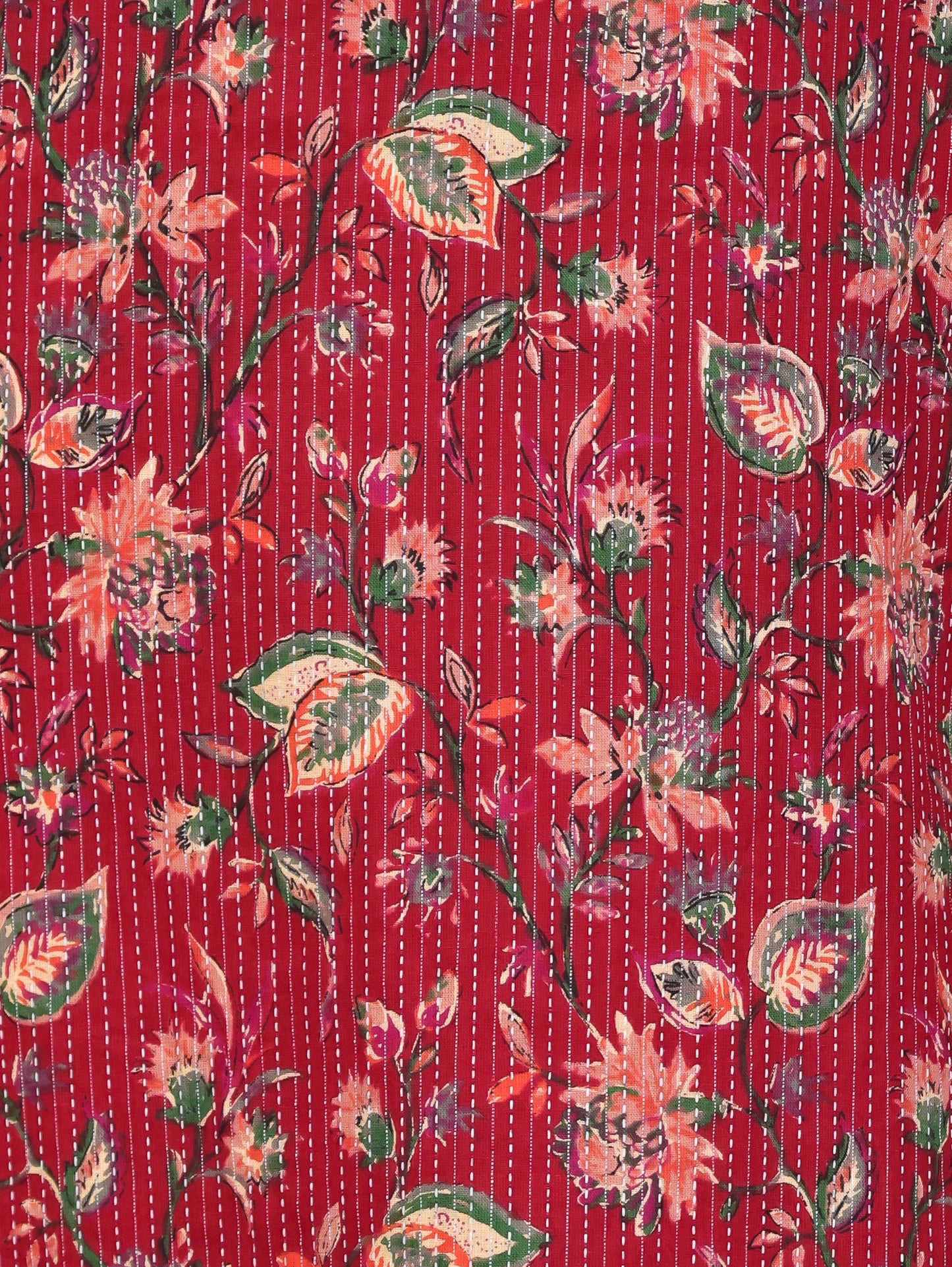Kantha Cotton Floral Straight Red Kurta