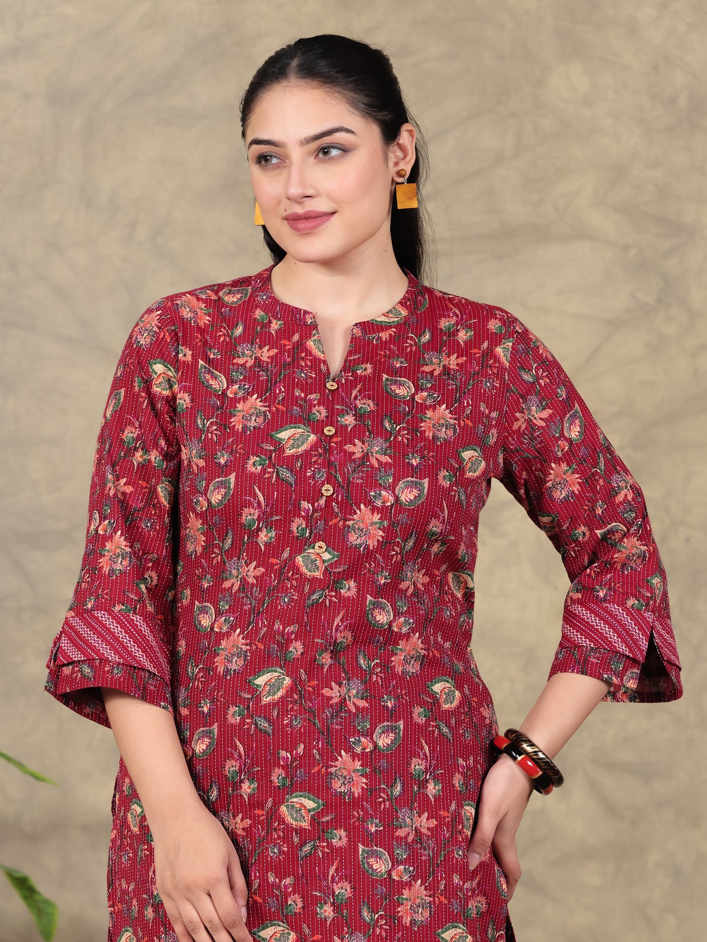 Kantha Cotton Floral Straight Red Kurta