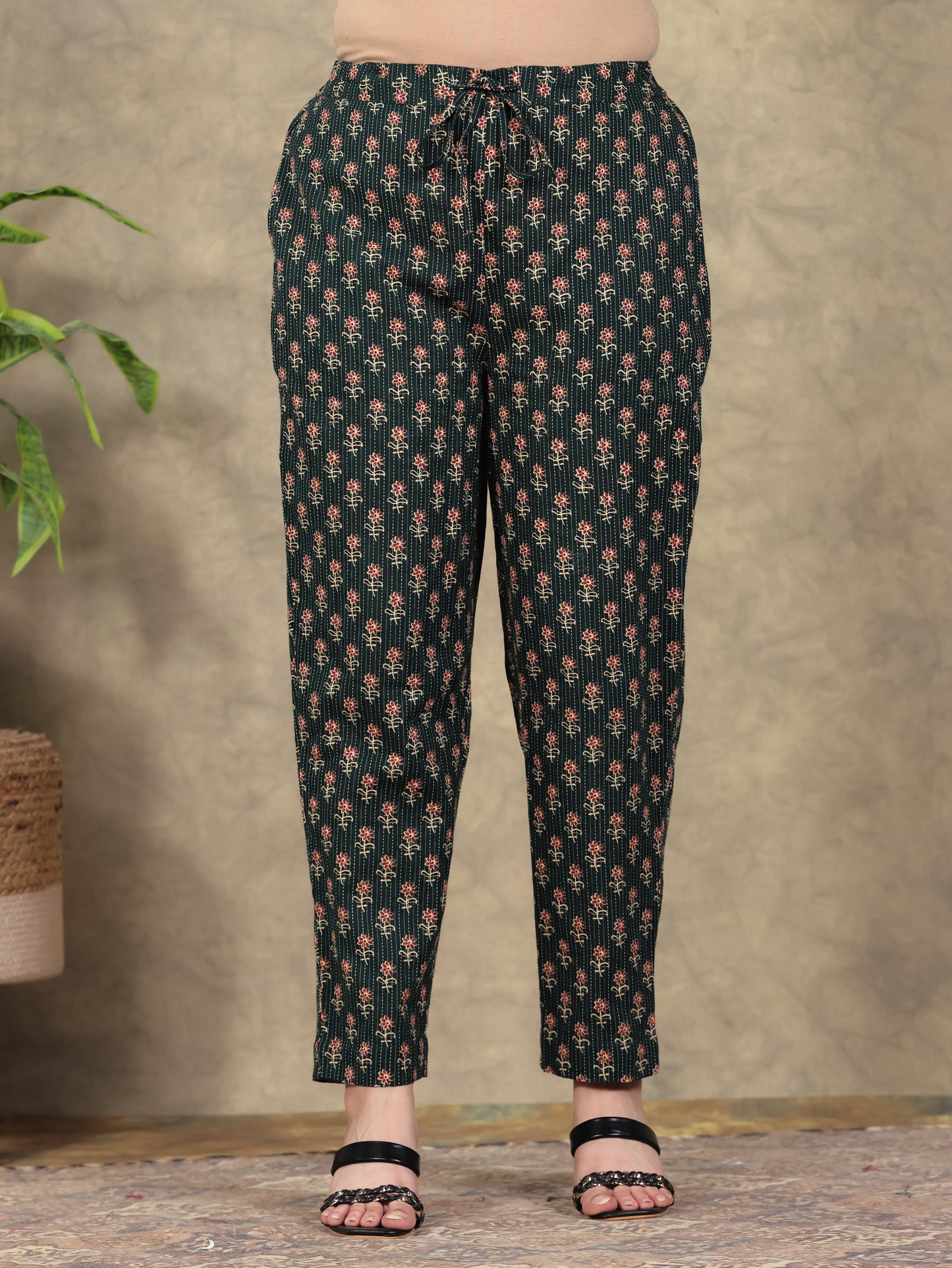Kantha Cotton Butti Green Tapered Trousers