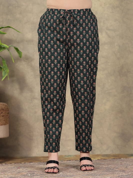 Kantha Cotton Butti Green Tapered Trousers