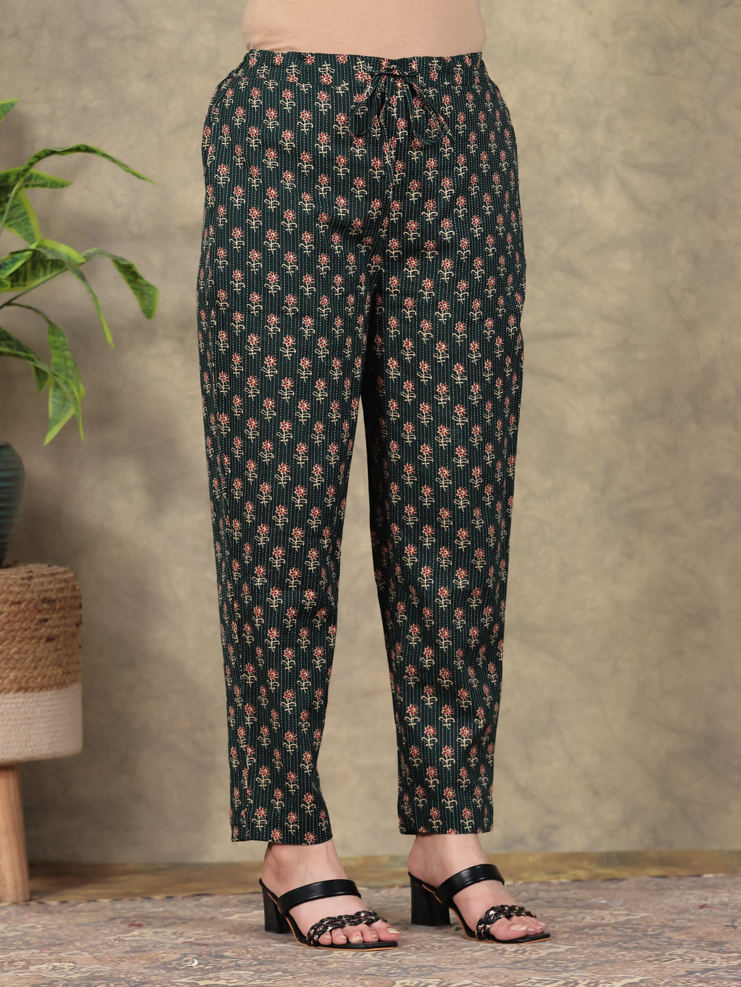 Kantha Cotton Butti Green Tapered Trousers