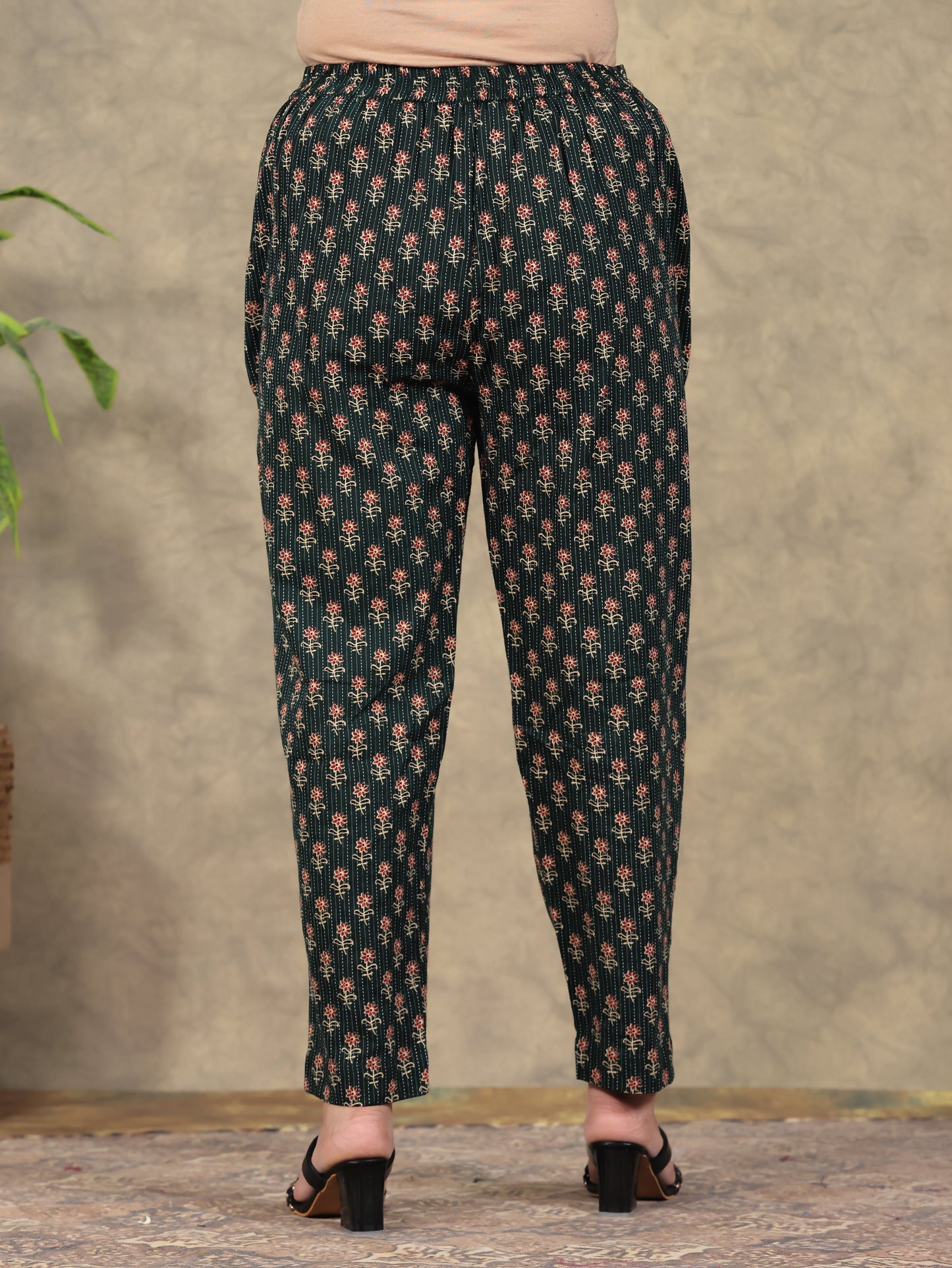 Kantha Cotton Butti Green Tapered Trousers