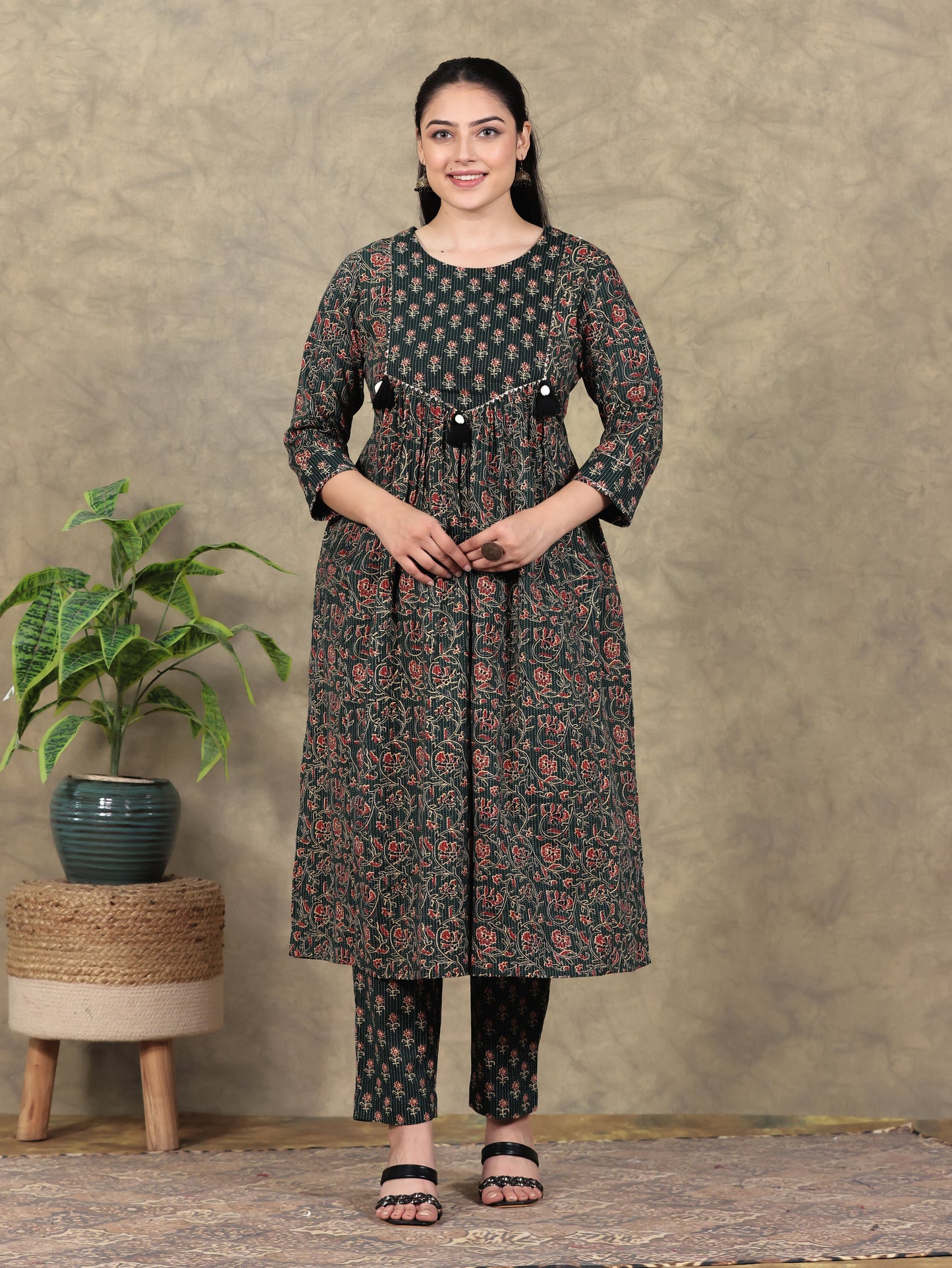 Kantha Cotton Floral Flared Green Kurta