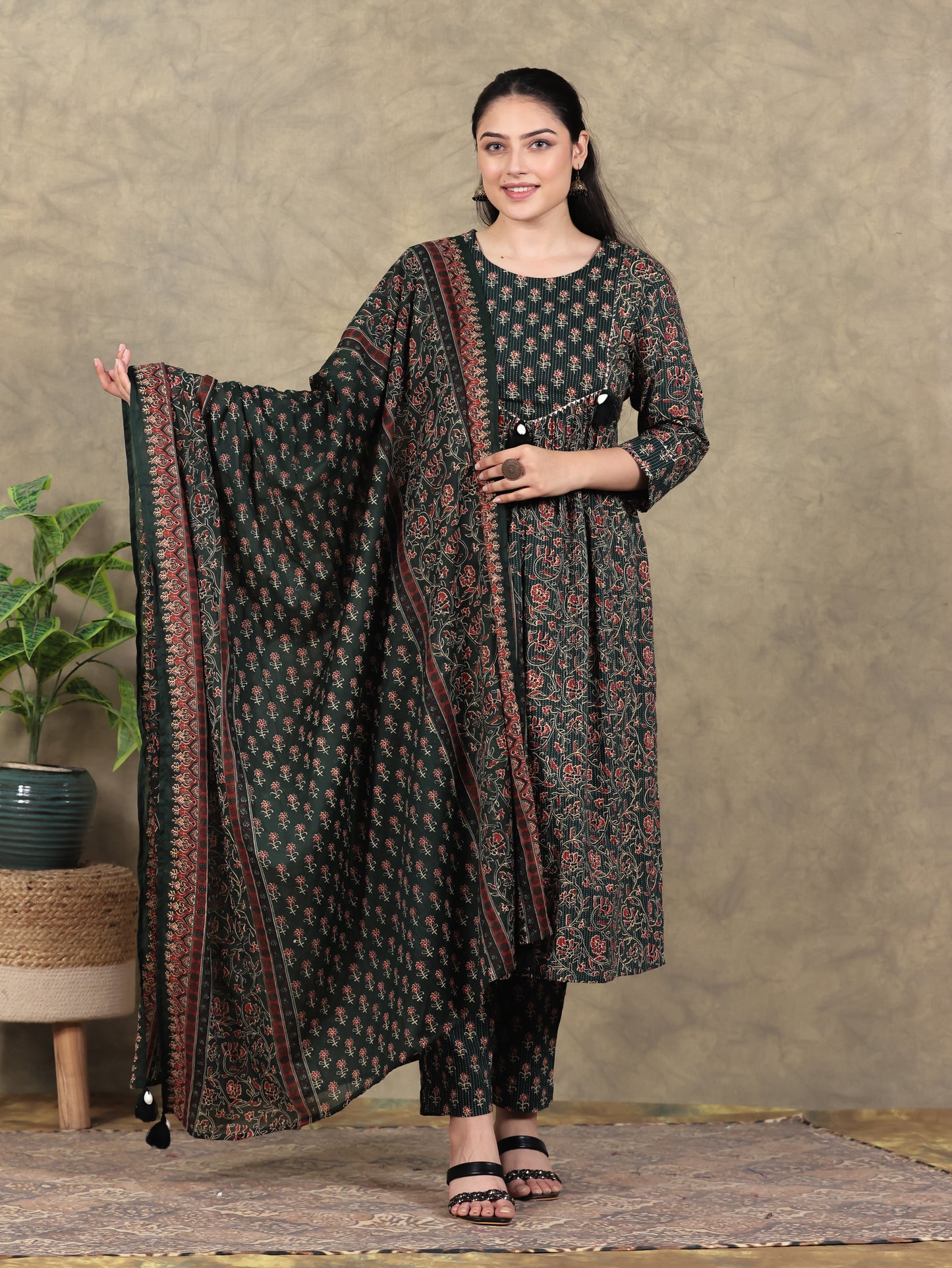 Kantha Cotton Floral Flared Green Kurta