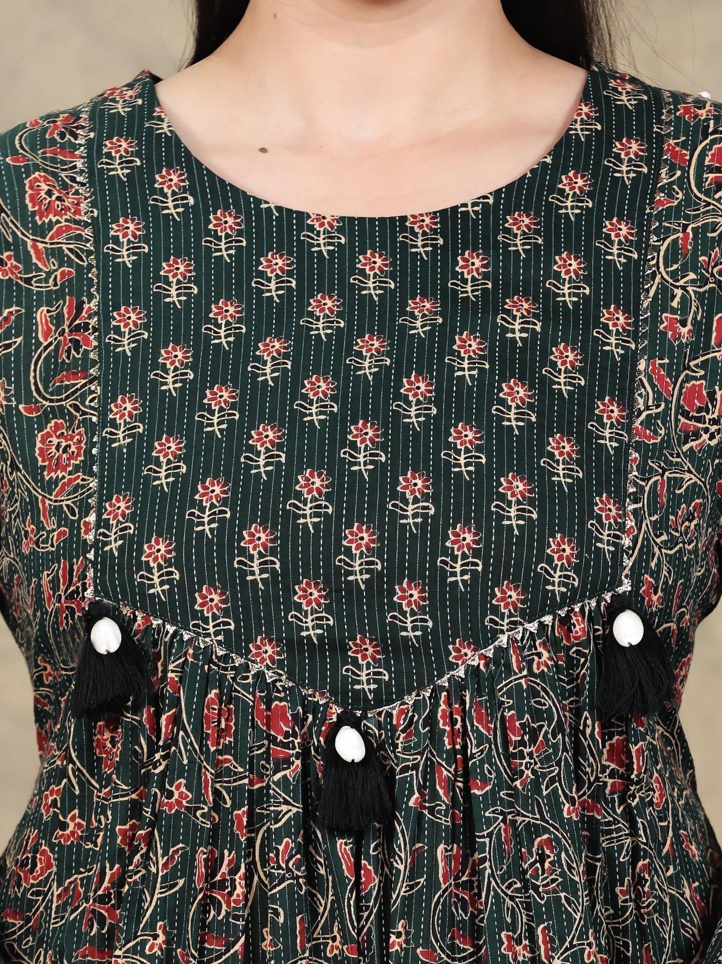 Kantha Cotton Floral Flared Green Kurta