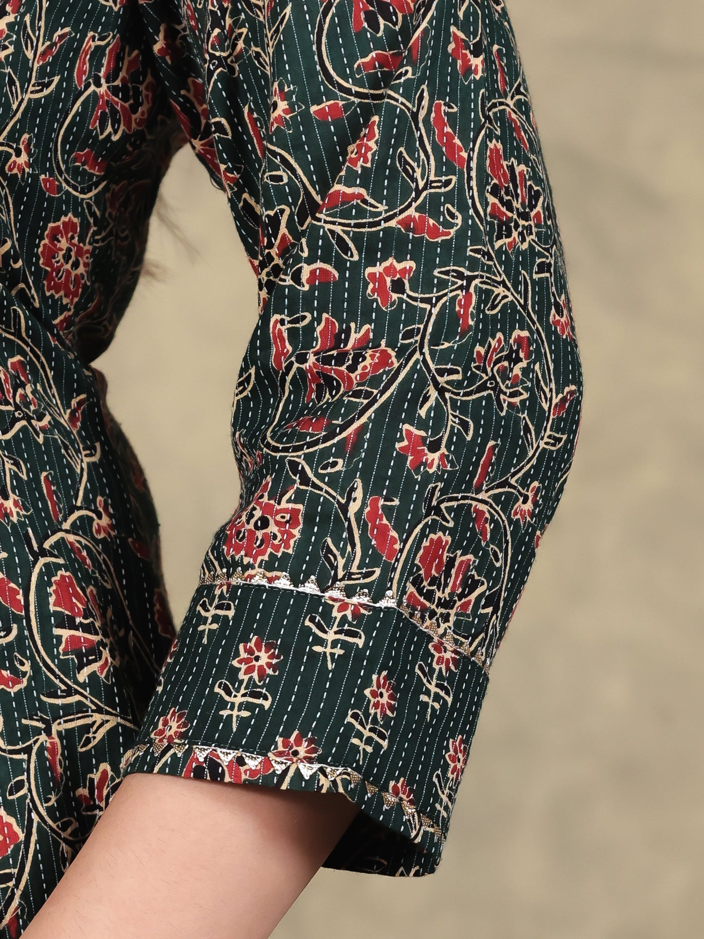 Kantha Cotton Floral Flared Green Kurta
