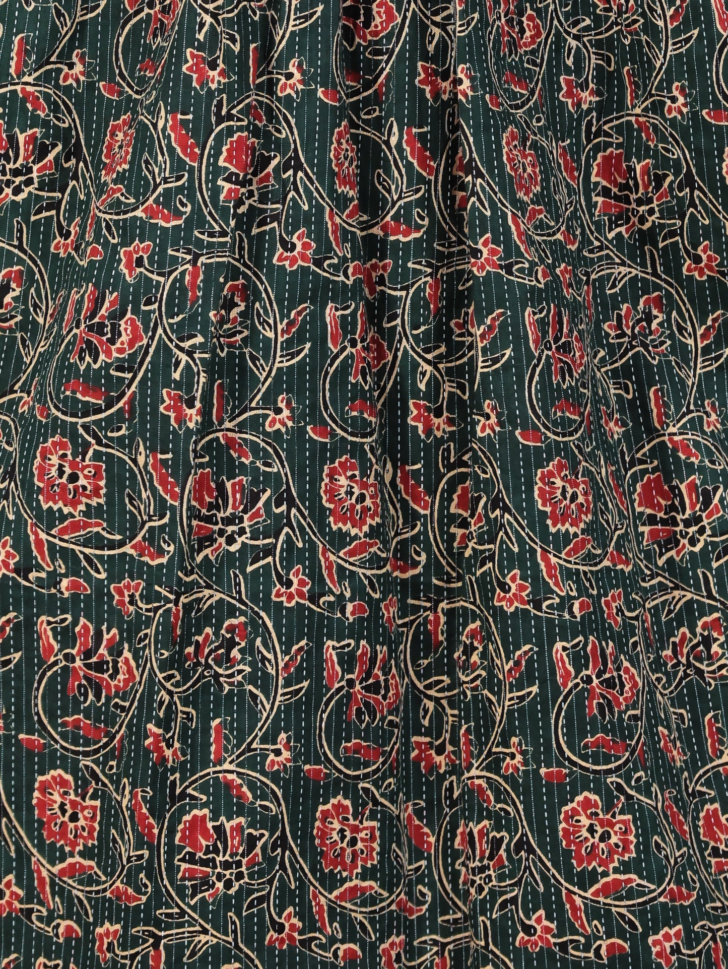 Kantha Cotton Floral Flared Green Kurta