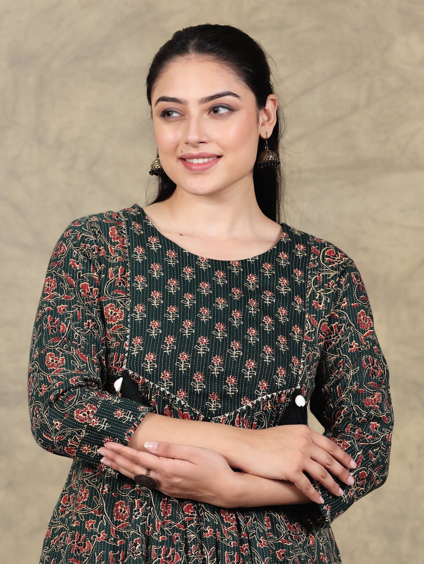 Kantha Cotton Floral Flared Green Kurta