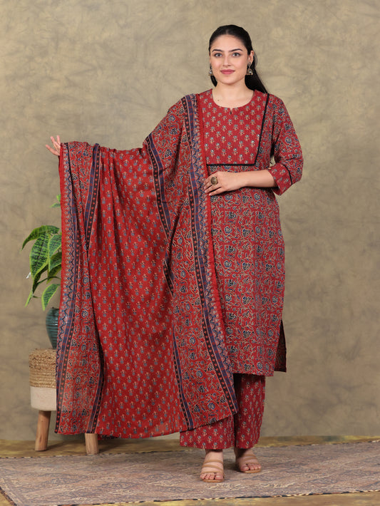 Embroidered Kantha Cotton Floral Straight Rust Kurta