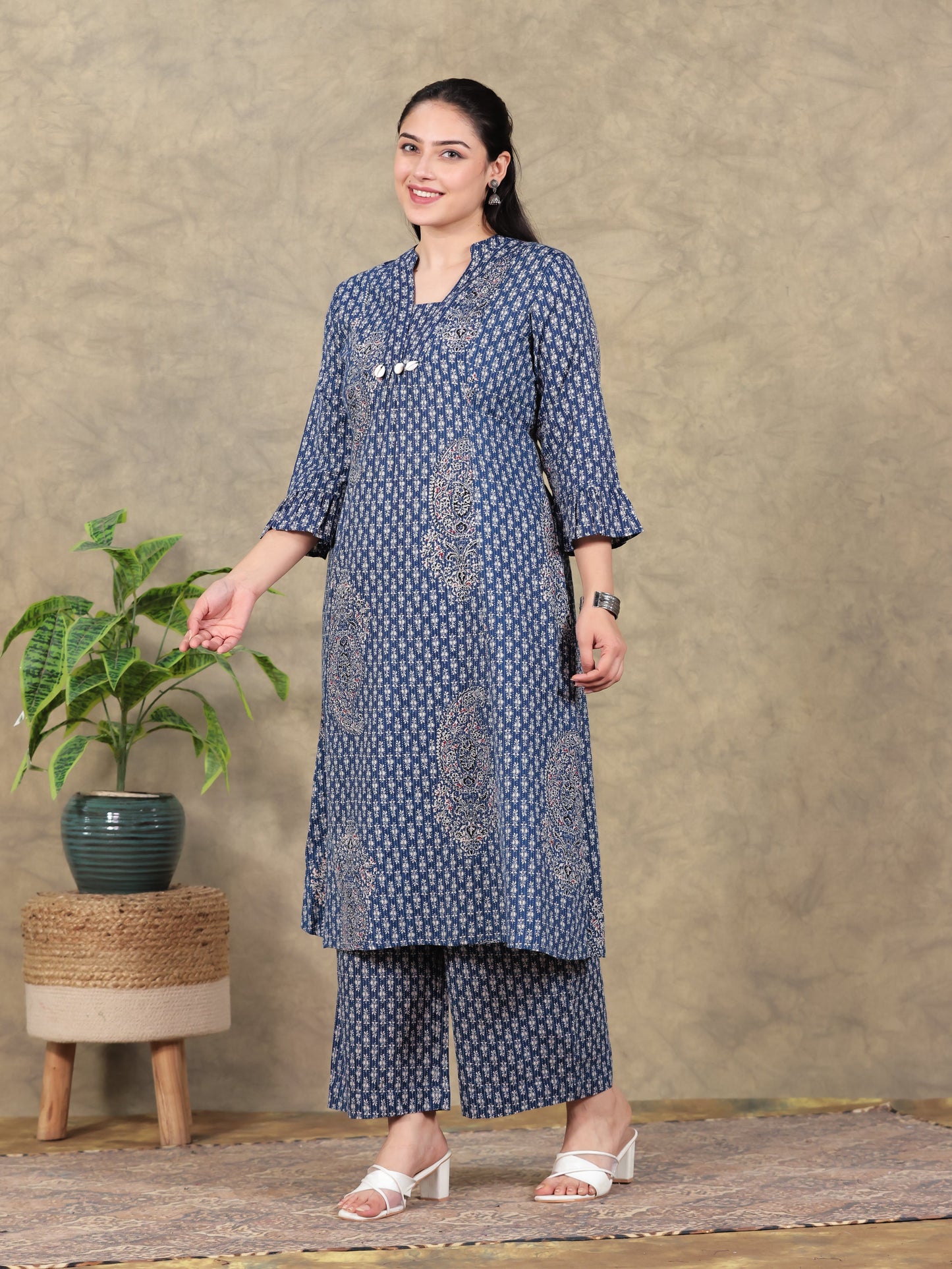 Kantha Cotton Paisley Flared Blue Kurta