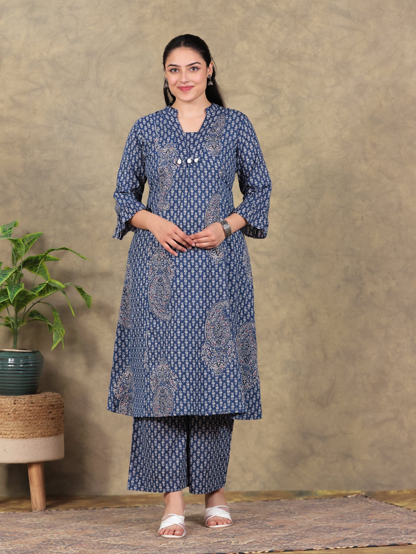 Kantha Cotton Paisley Flared Blue Kurta