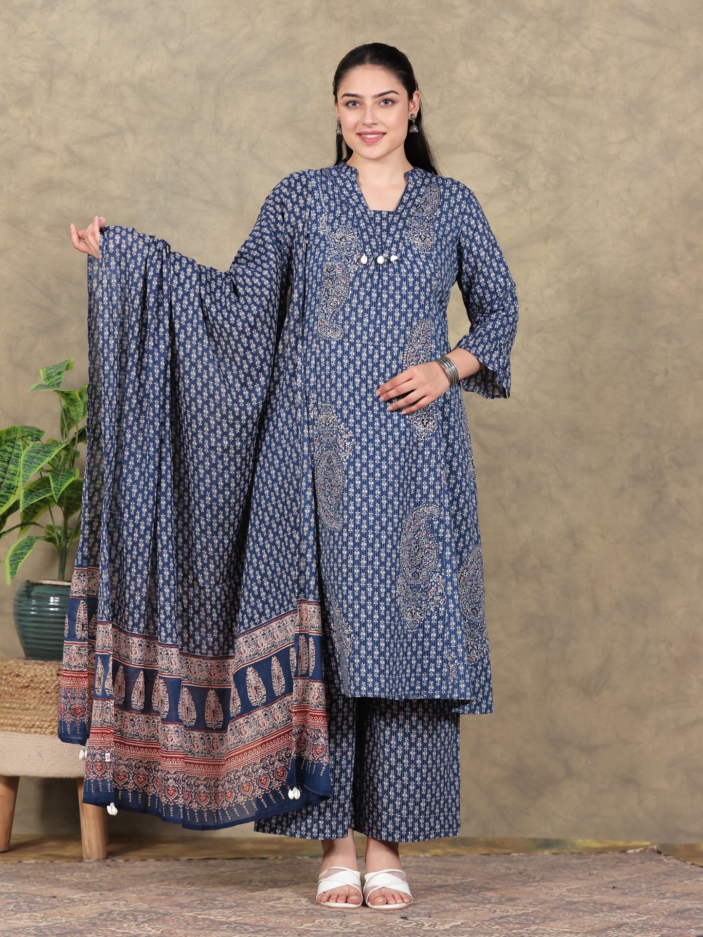 Kantha Cotton Paisley Flared Blue Kurta
