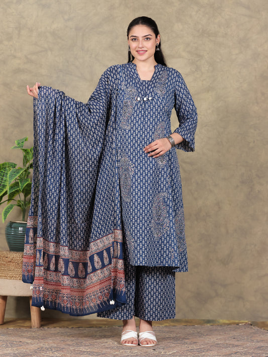 Kantha Cotton Paisley Flared Blue Kurta