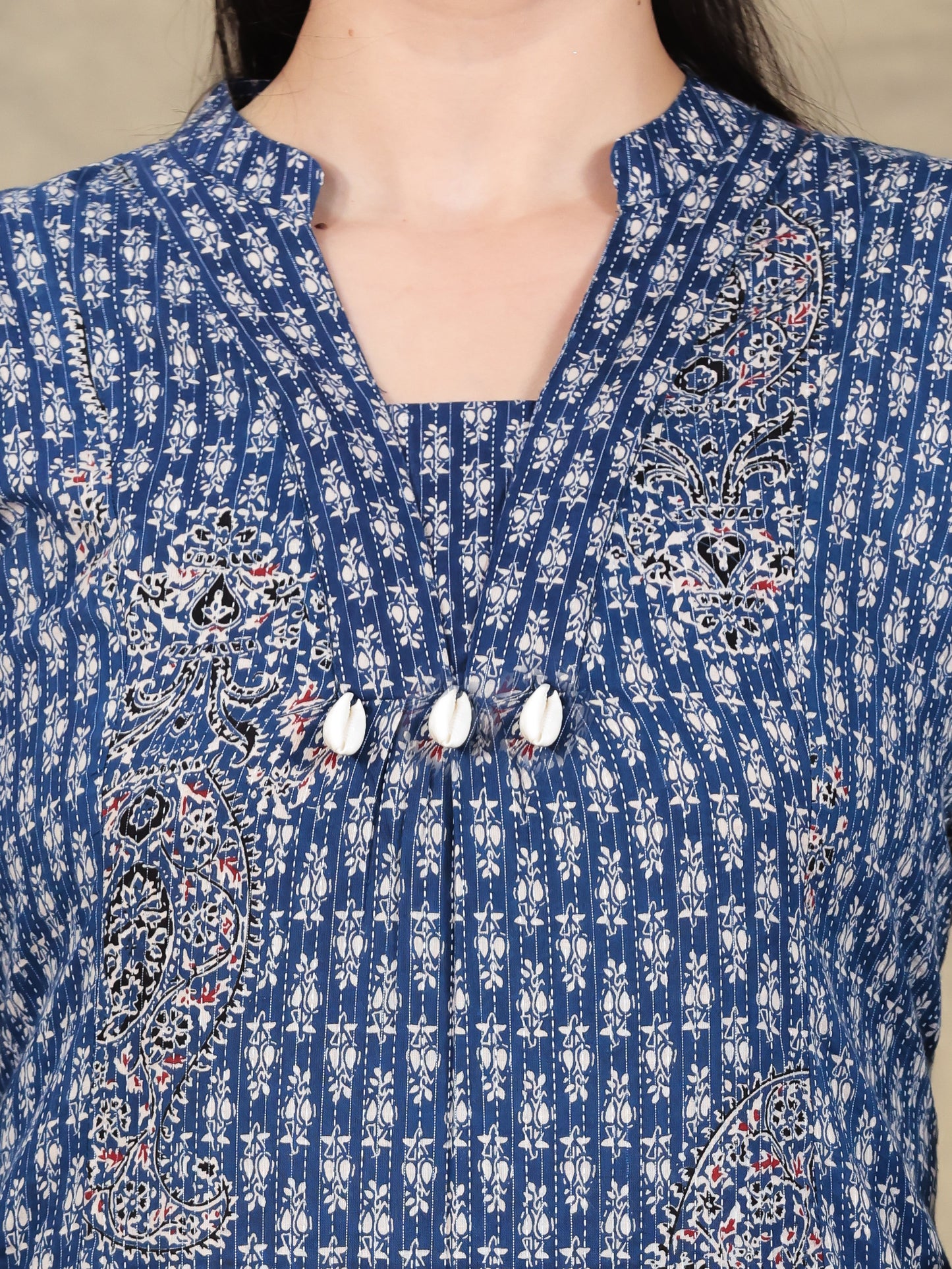 Kantha Cotton Paisley Flared Blue Kurta