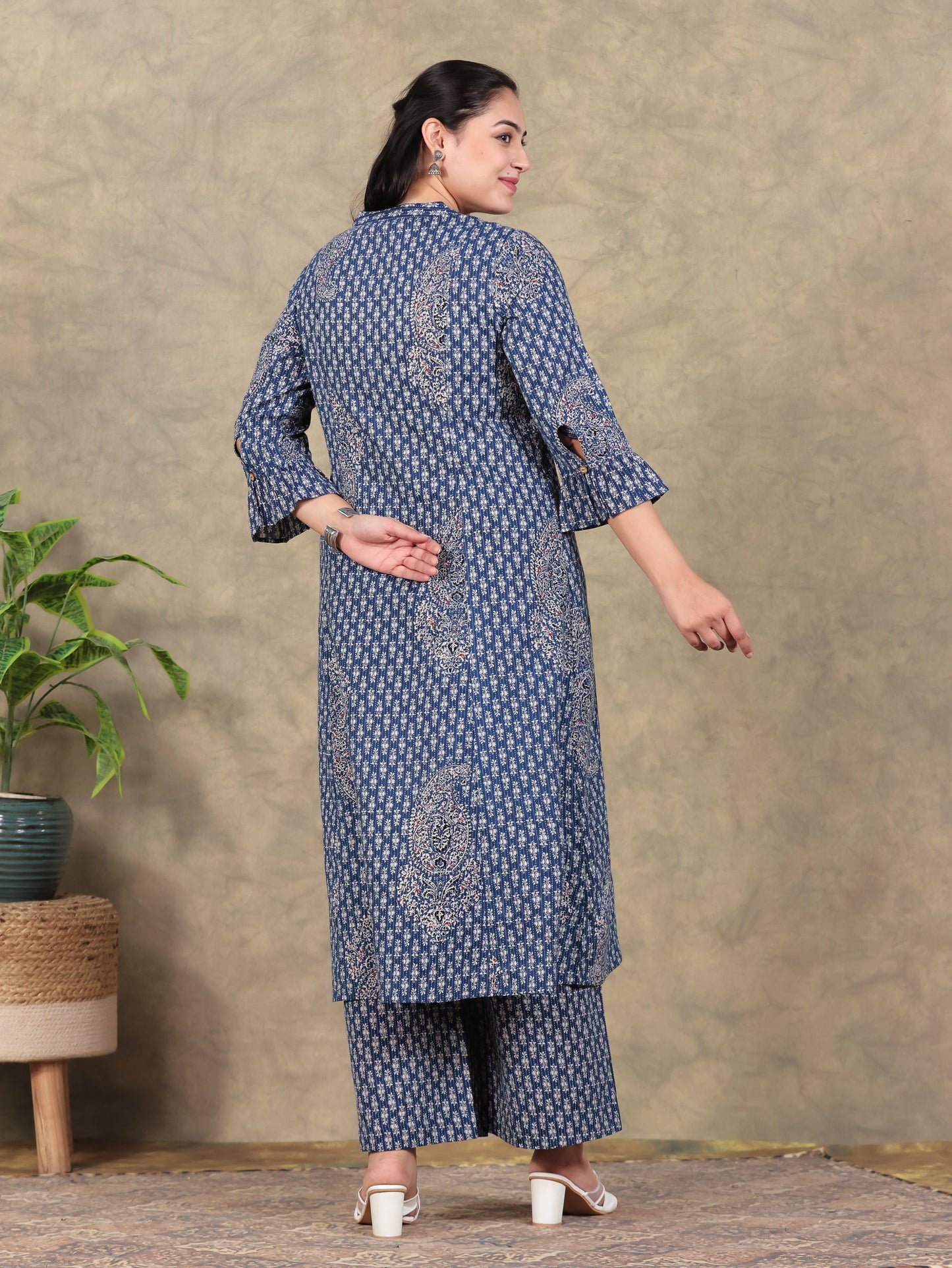 Kantha Cotton Paisley Flared Blue Kurta
