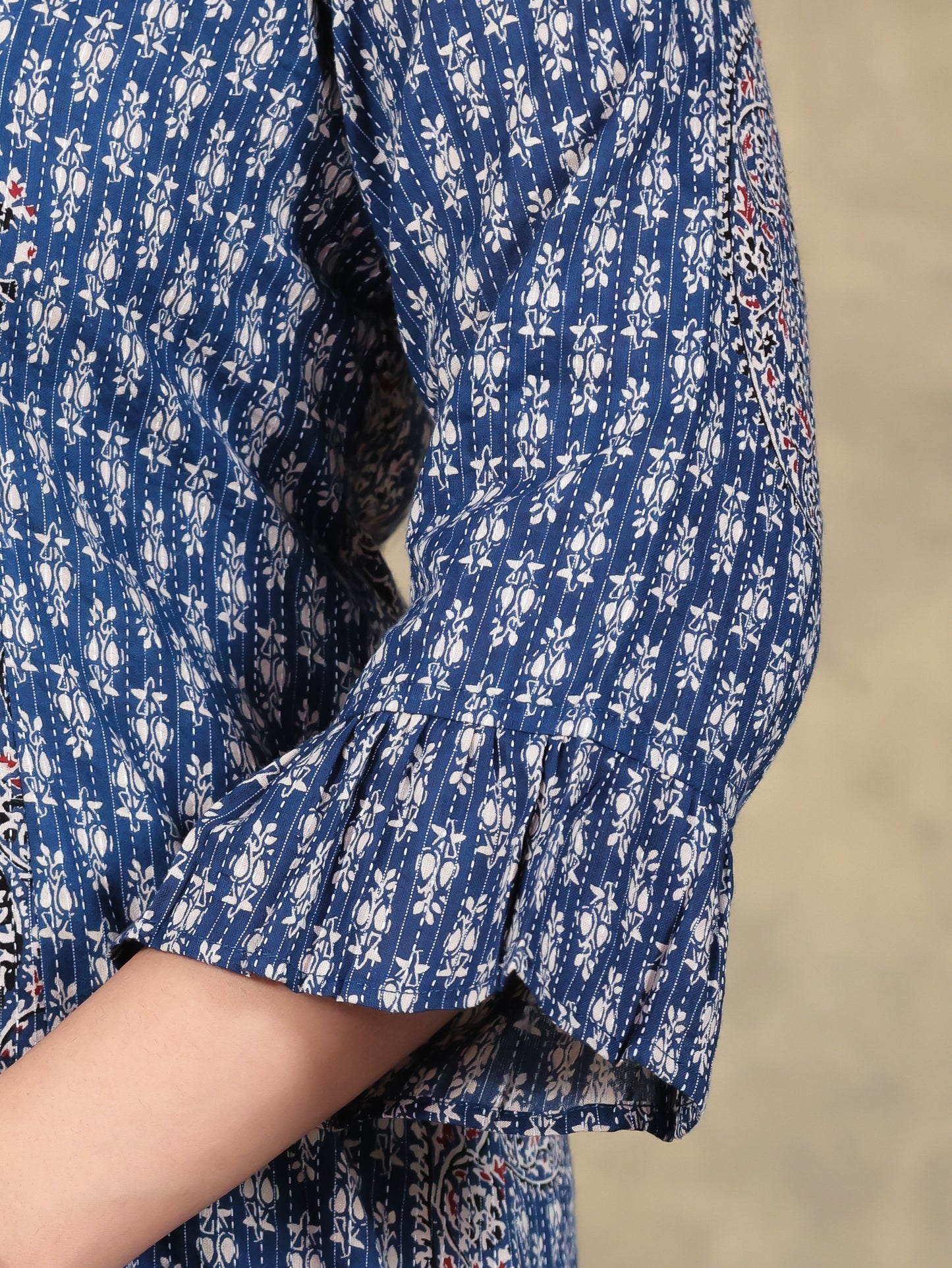 Kantha Cotton Paisley Flared Blue Kurta