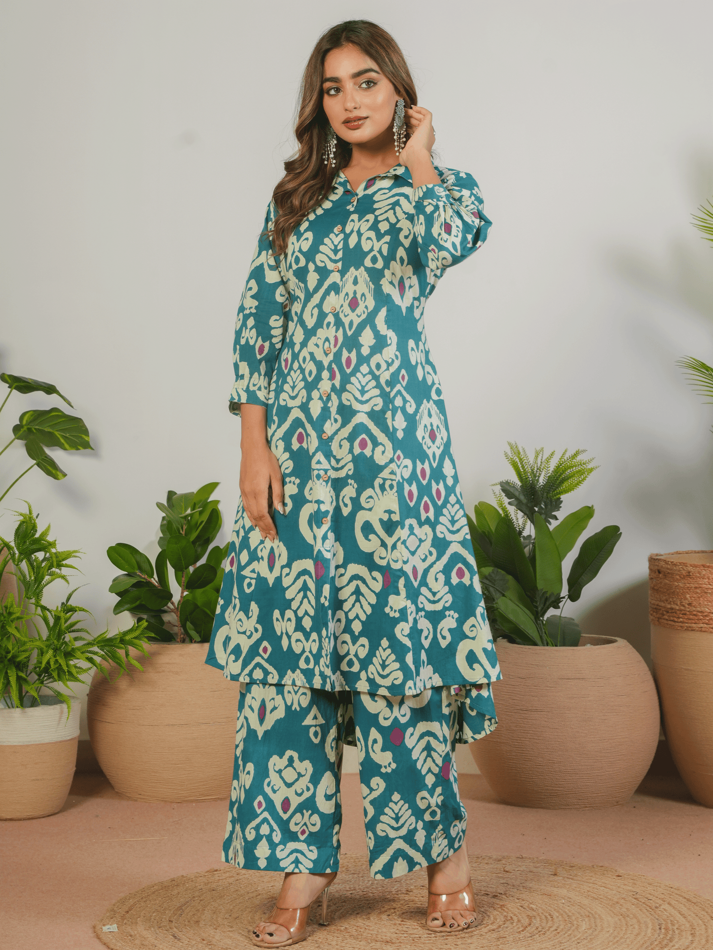 Soft Cotton Ikat High Low Blue Kurta