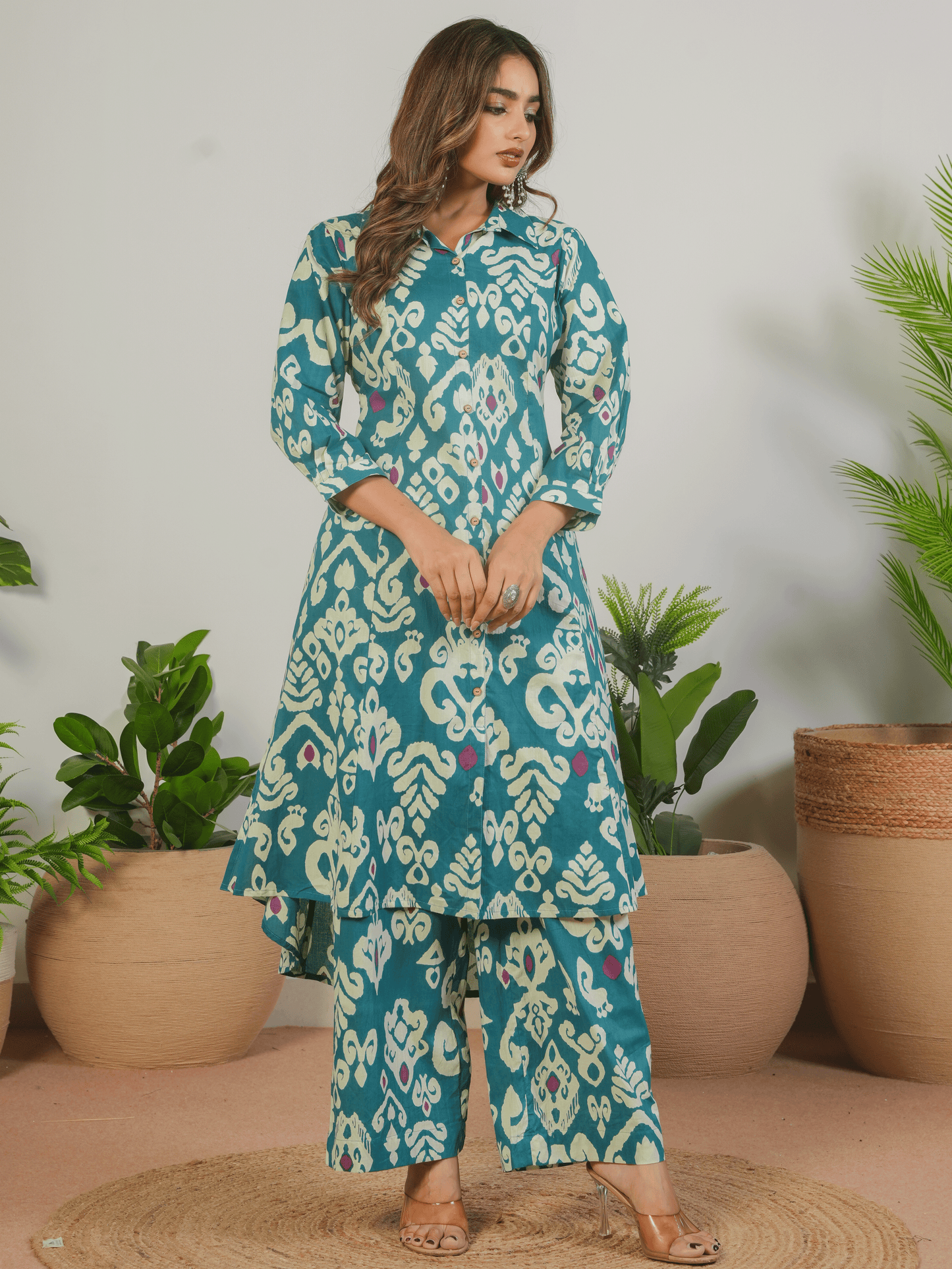 Soft Cotton Ikat High Low Blue Kurta
