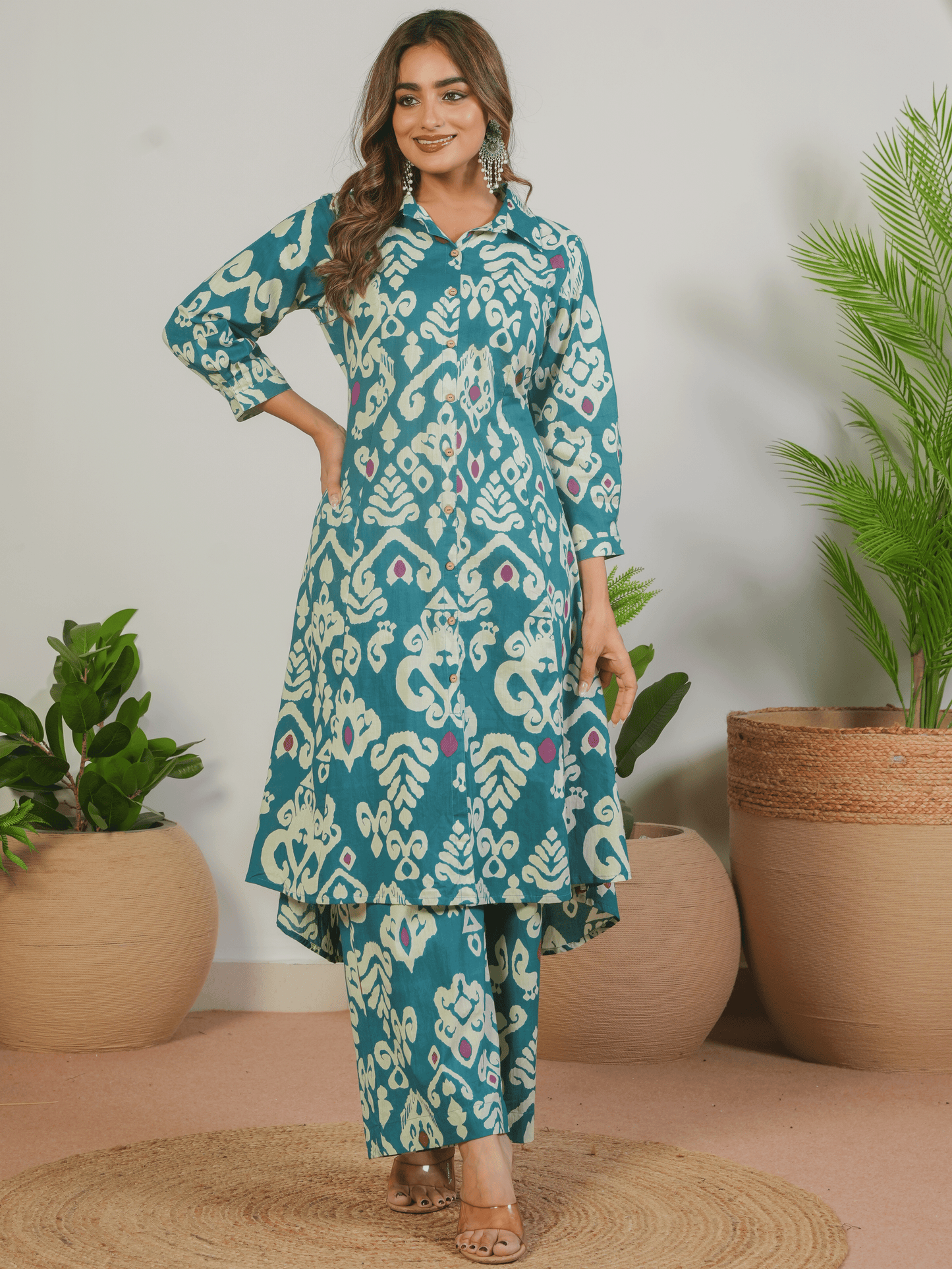 Soft Cotton Ikat High Low Blue Kurta