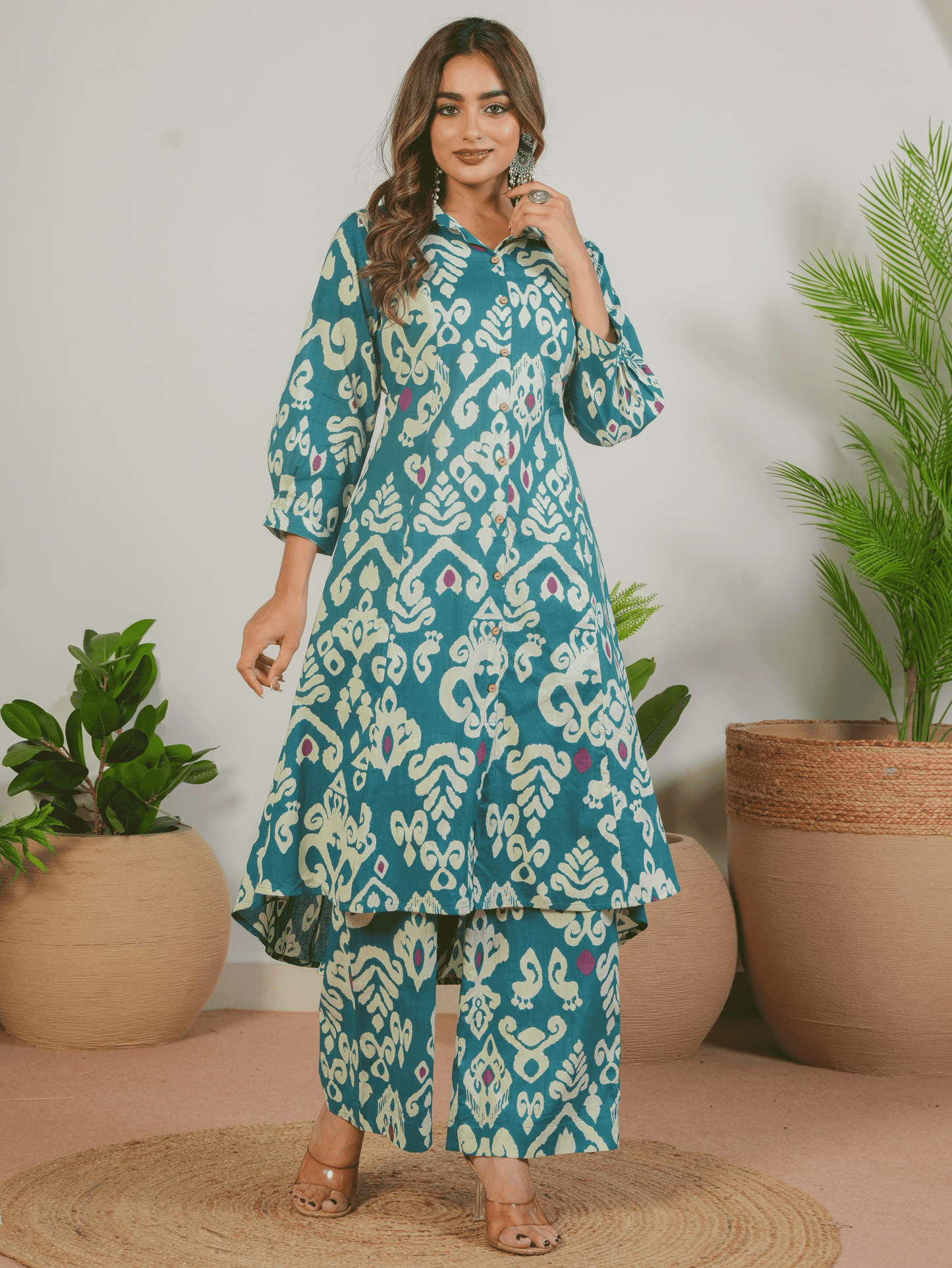Soft Cotton Ikat High Low Blue Kurta