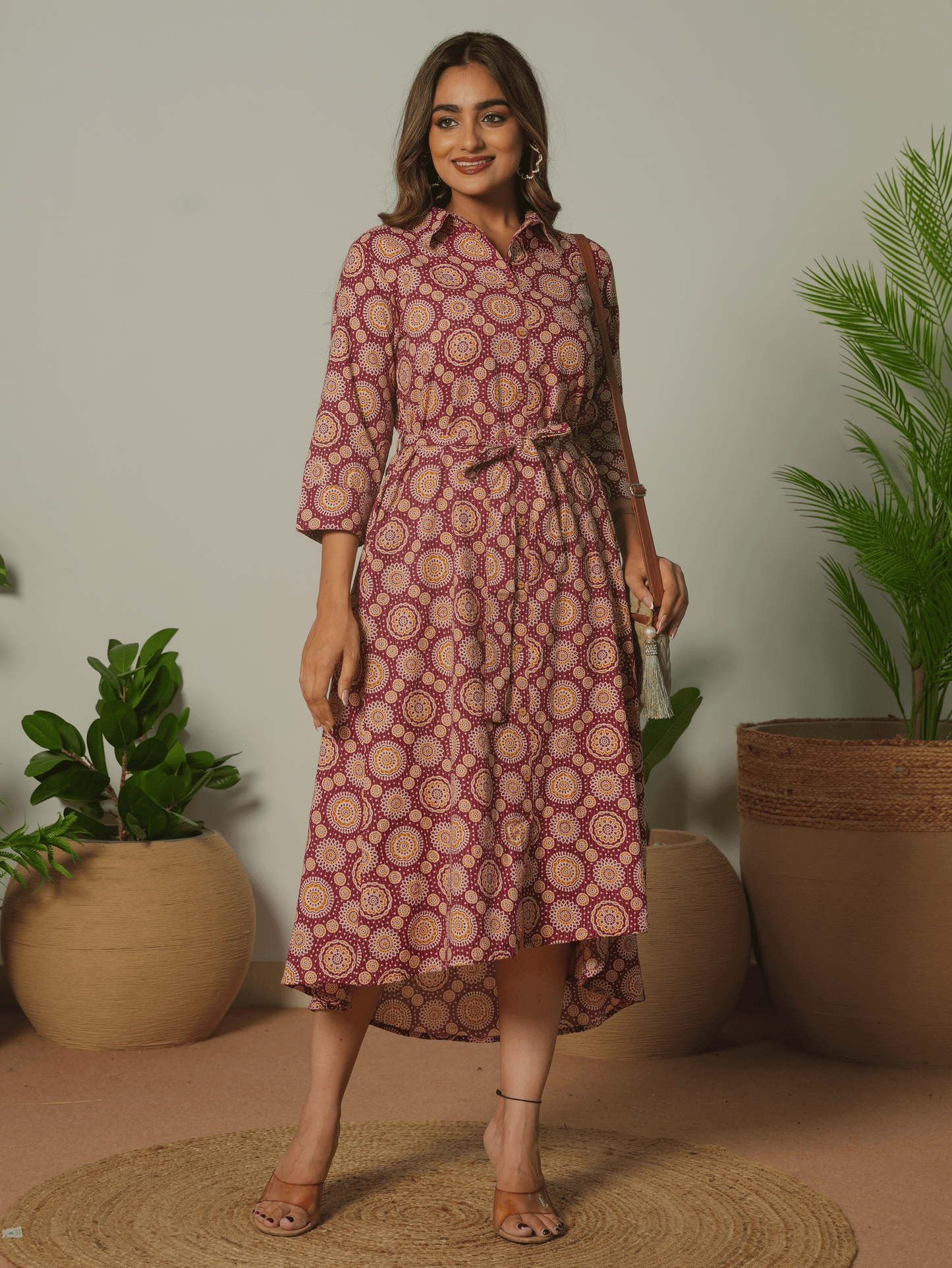 Kantha Cotton Geometric Flared Maroon Dress