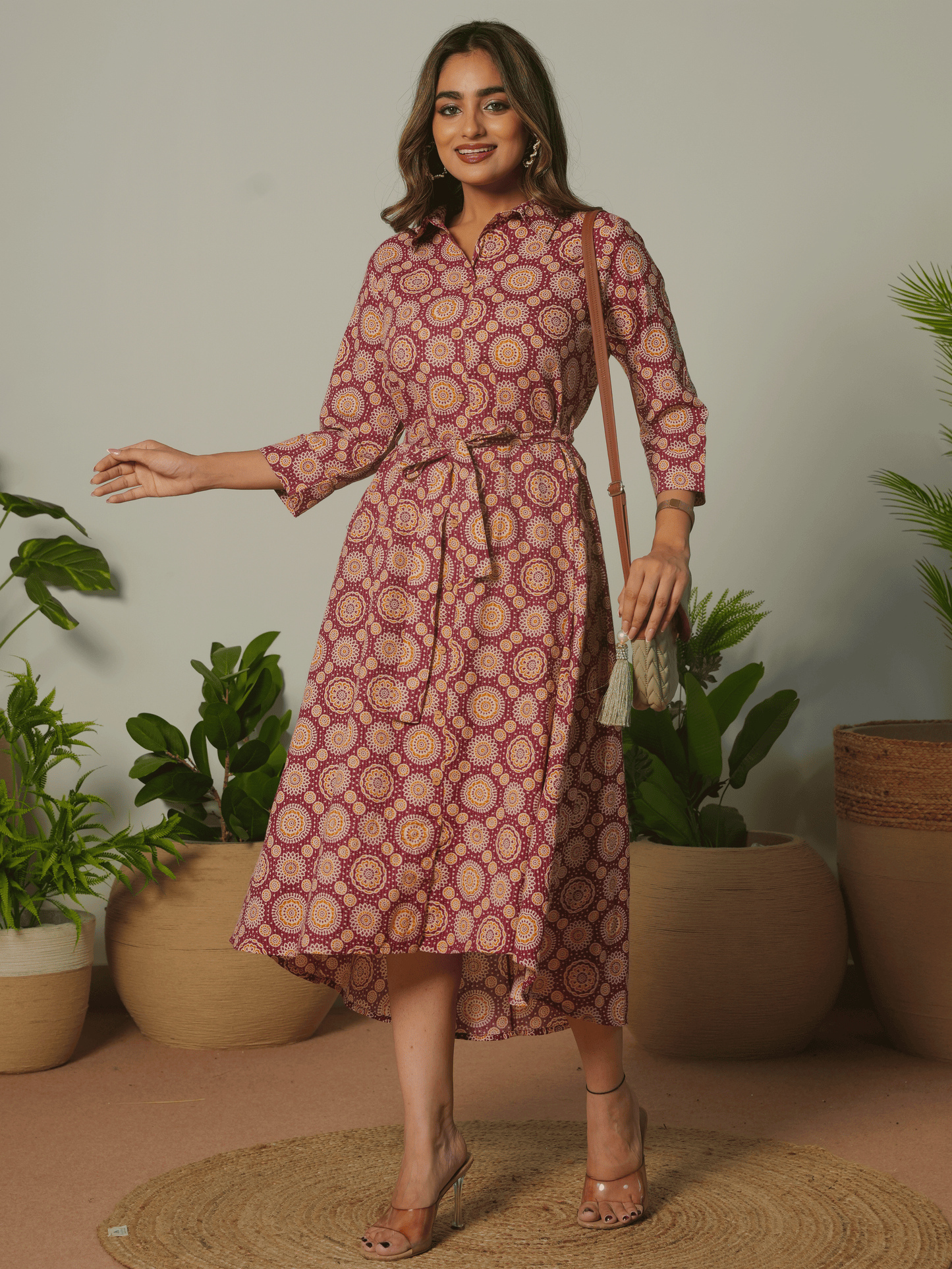 Kantha Cotton Geometric Flared Maroon Dress