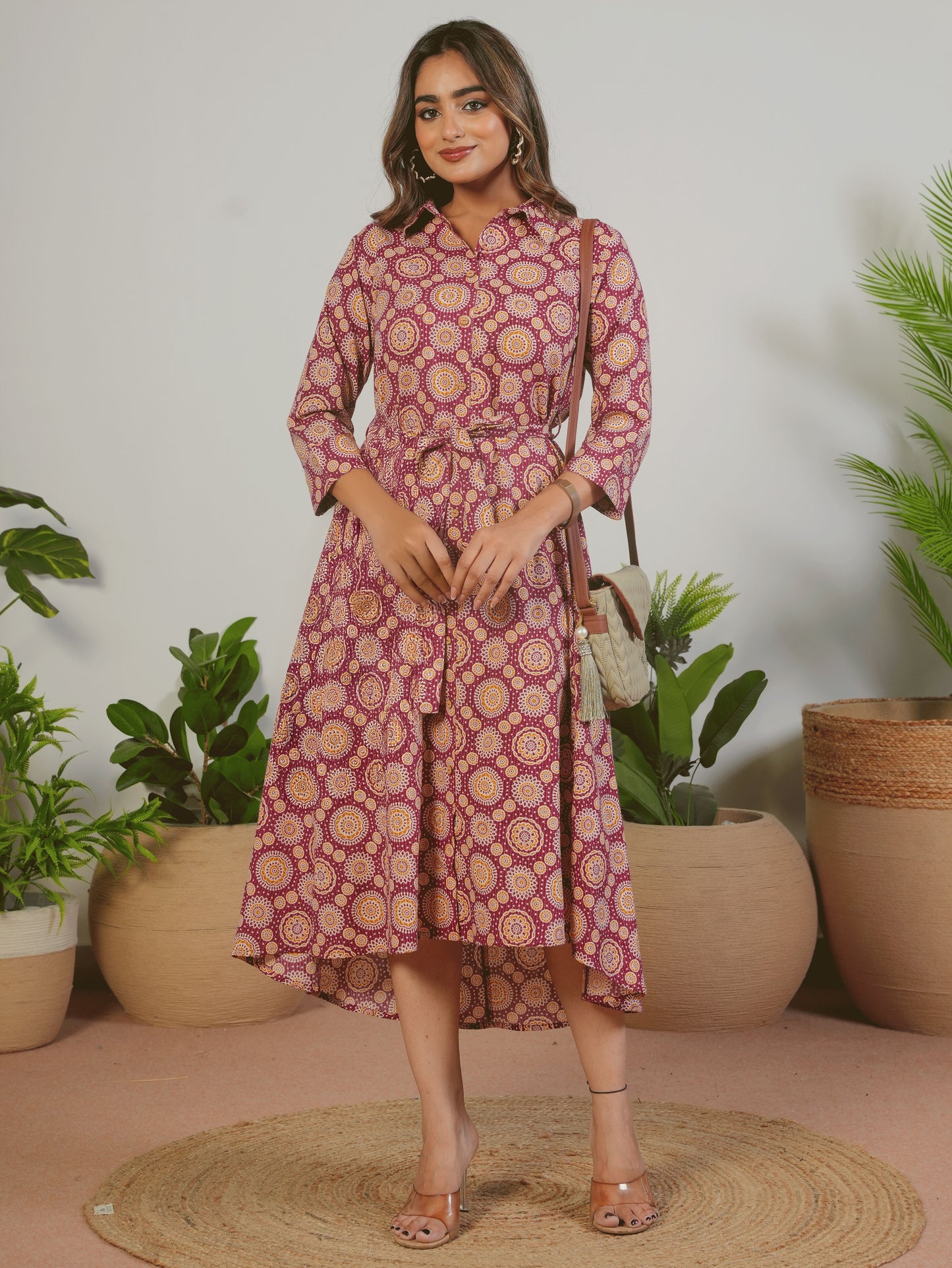 Kantha Cotton Geometric Flared Maroon Dress