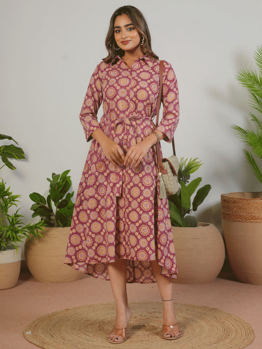 Kantha Cotton Geometric Flared Maroon Dress