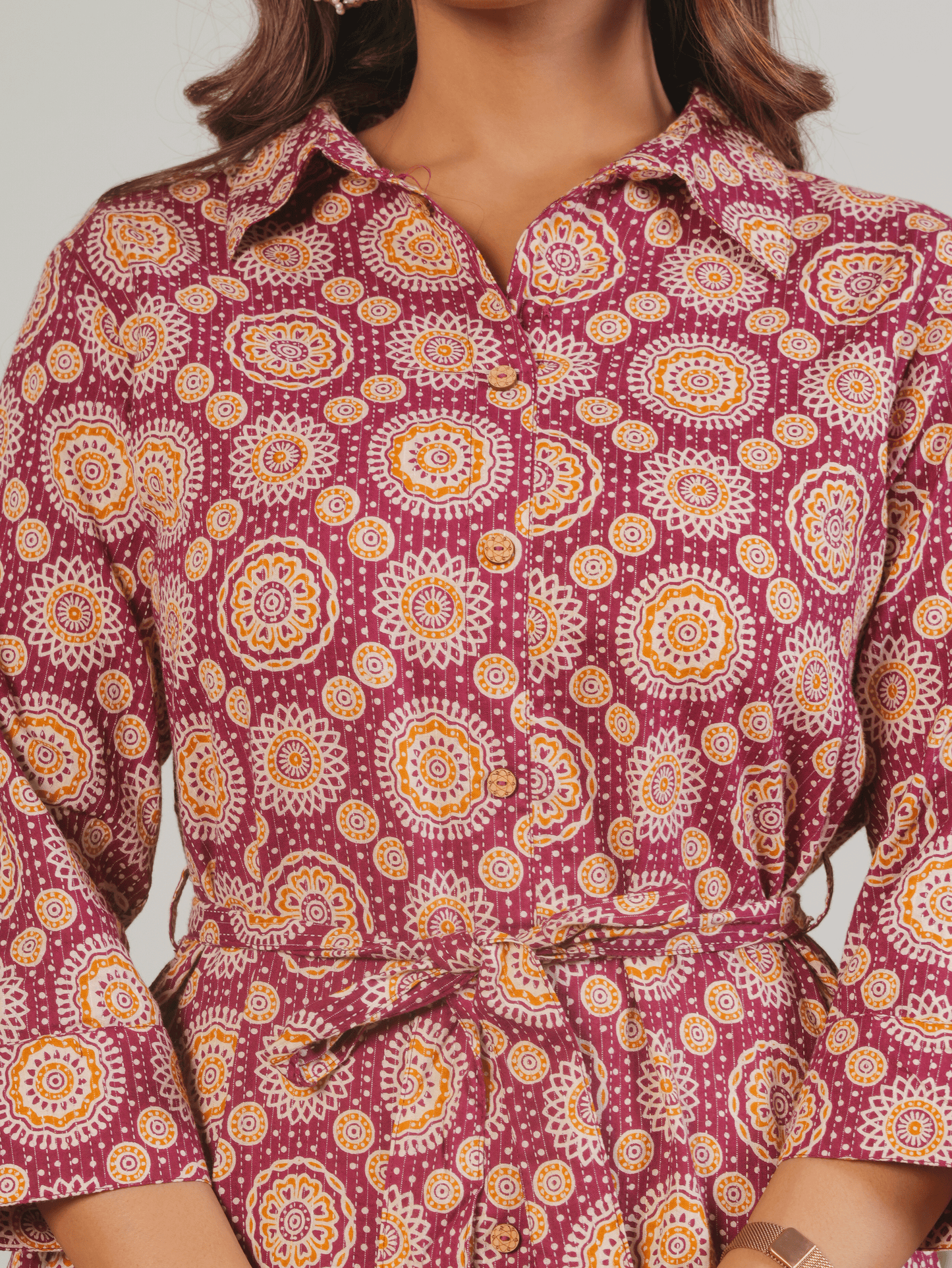 Kantha Cotton Geometric Flared Maroon Dress