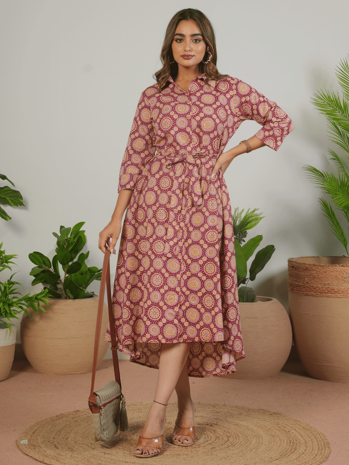 Kantha Cotton Geometric Flared Maroon Dress