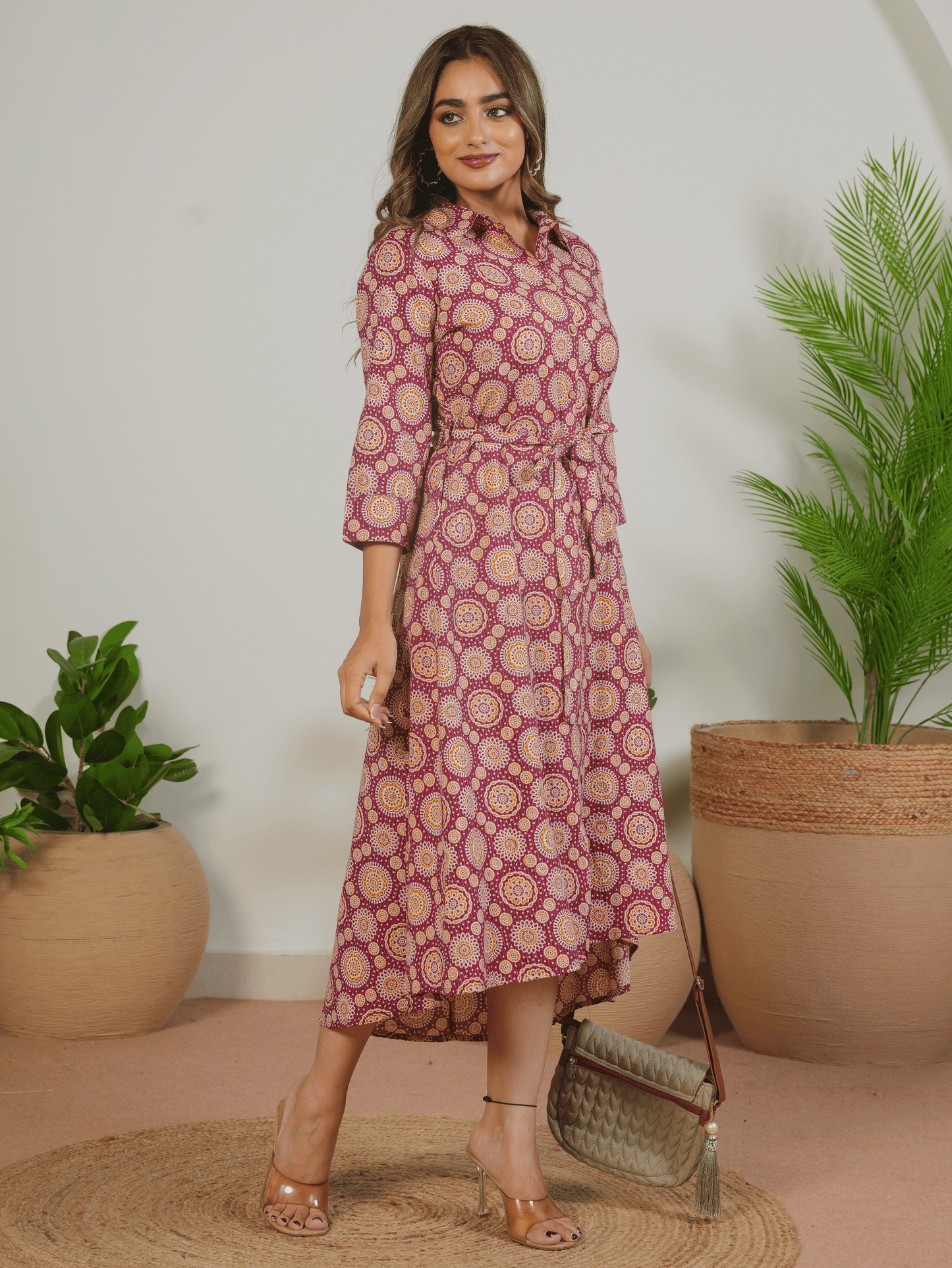 Kantha Cotton Geometric Flared Maroon Dress