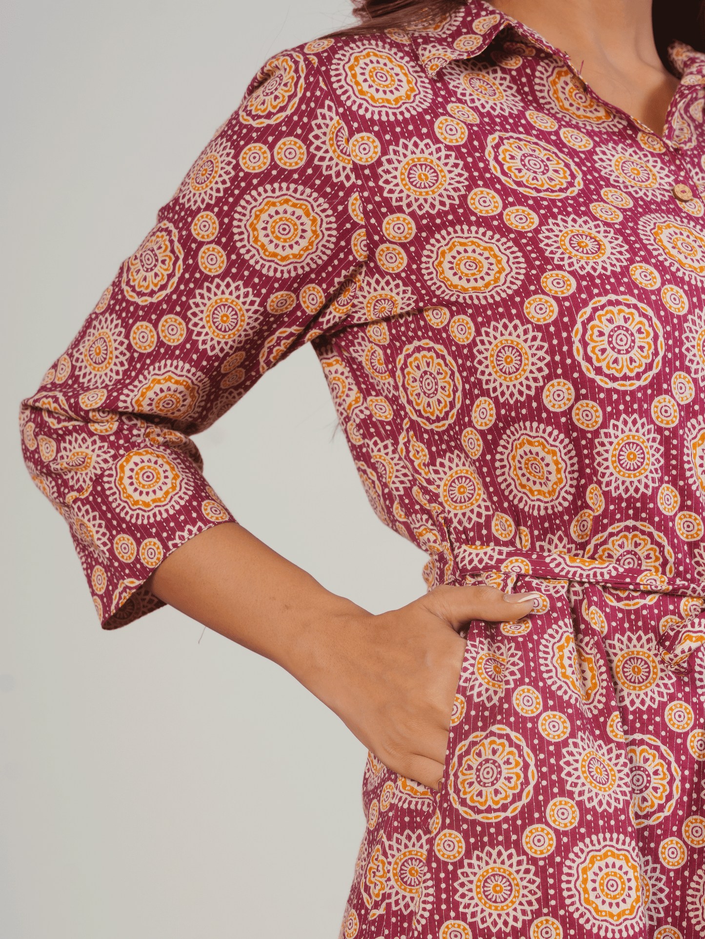 Kantha Cotton Geometric Flared Maroon Dress