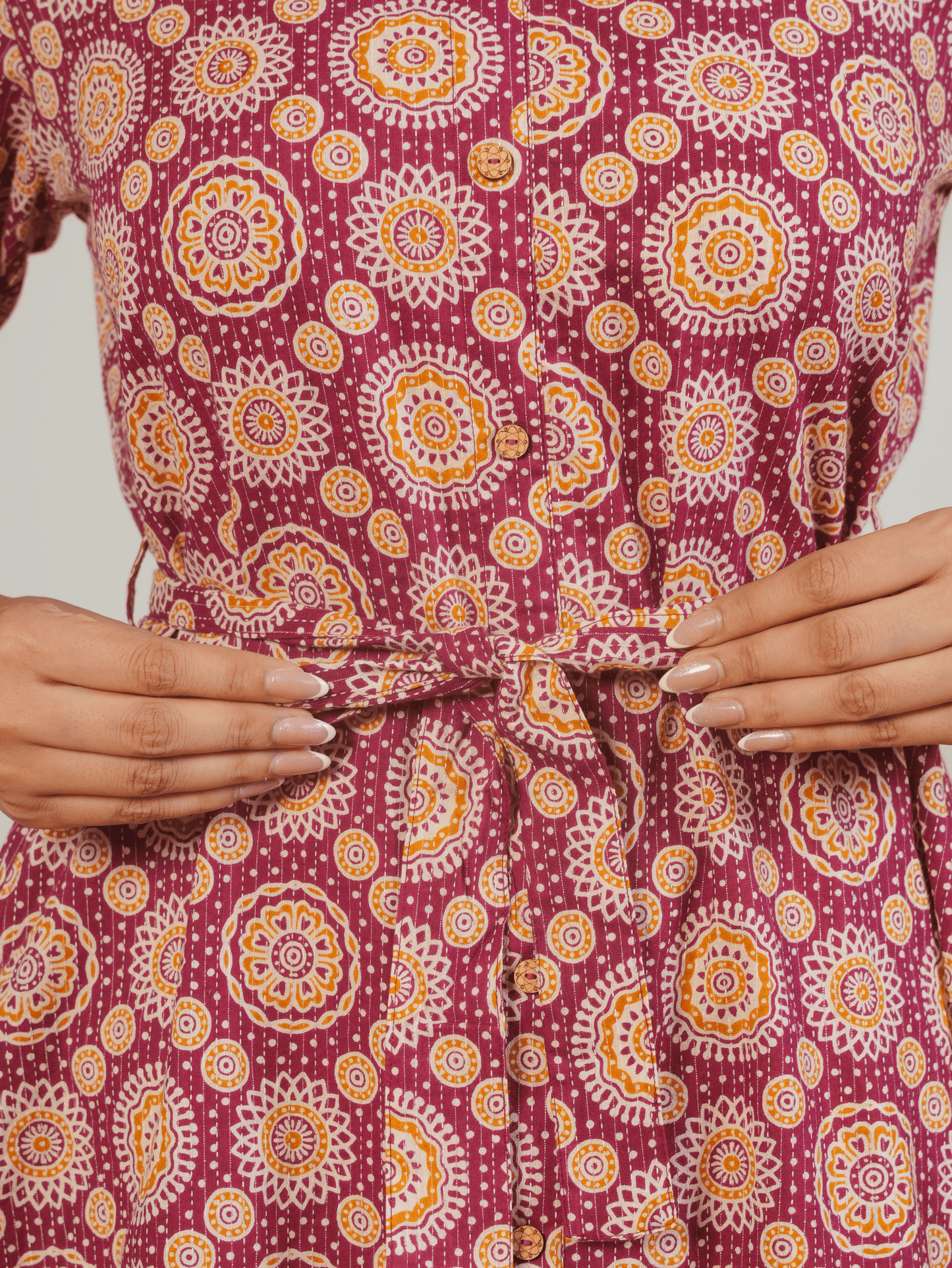 Kantha Cotton Geometric Flared Maroon Dress