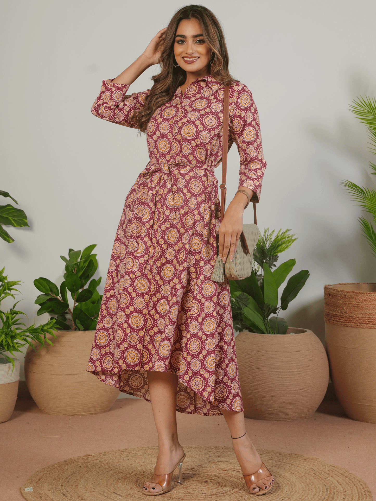 Kantha Cotton Geometric Flared Maroon Dress
