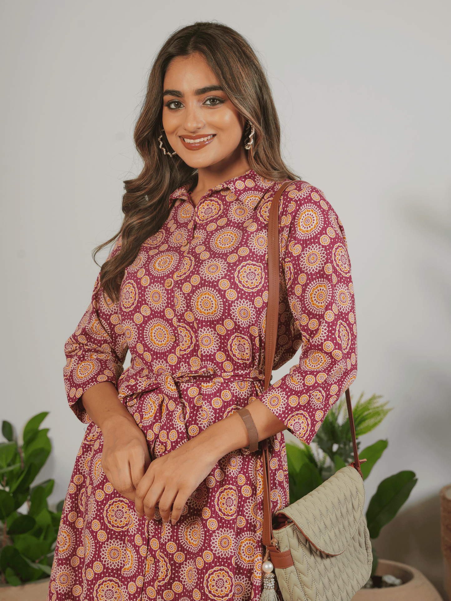 Kantha Cotton Geometric Flared Maroon Dress