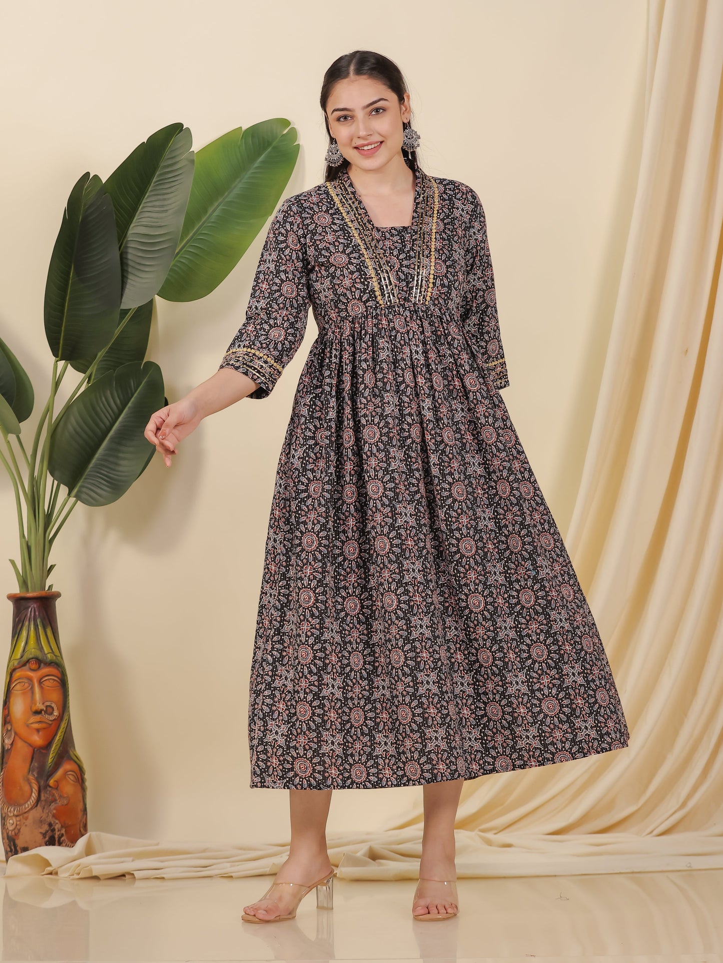 Embroidered Kantha Cotton Geometric Anarkali Black Dress