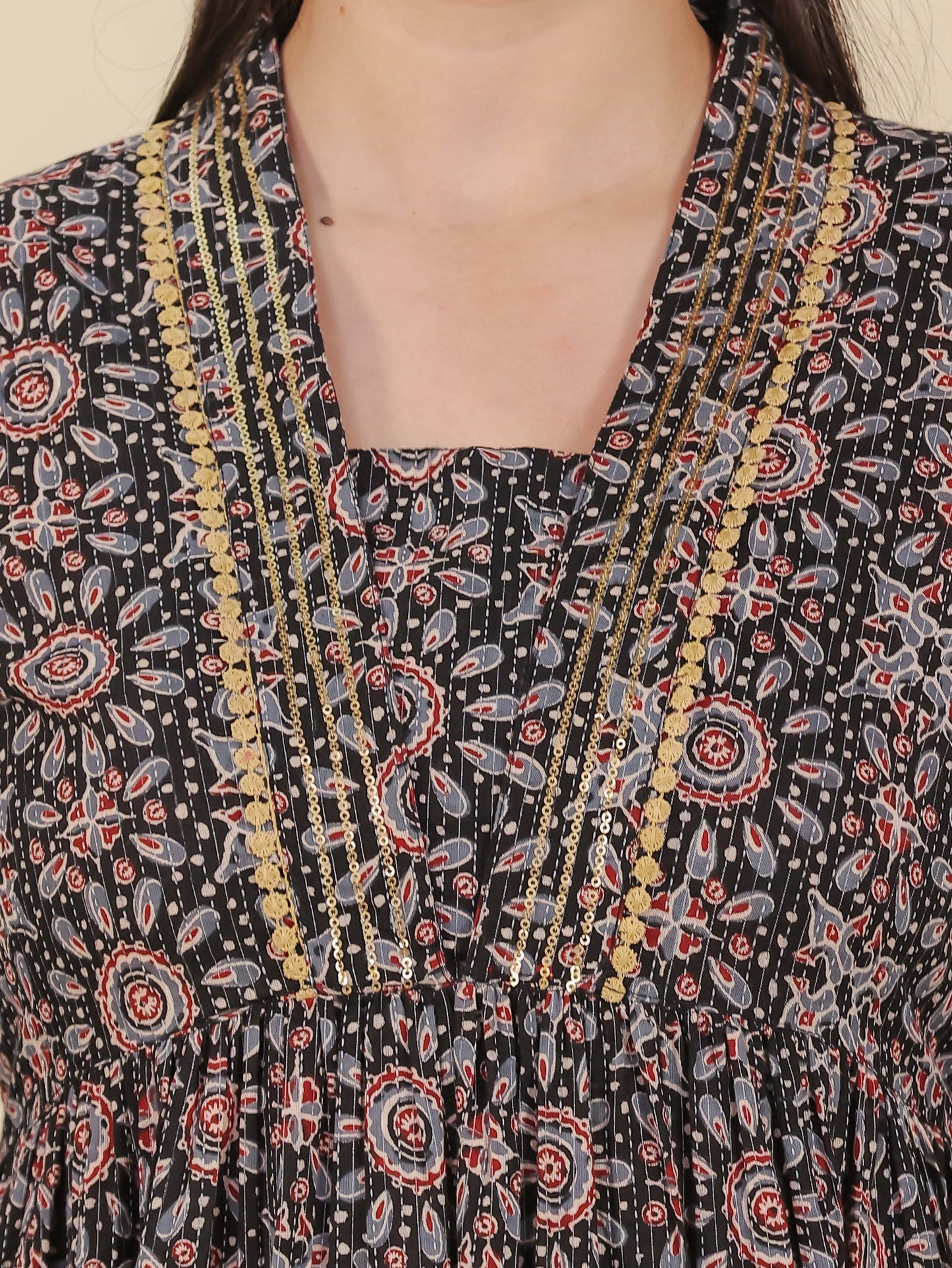 Embroidered Kantha Cotton Geometric Anarkali Black Dress