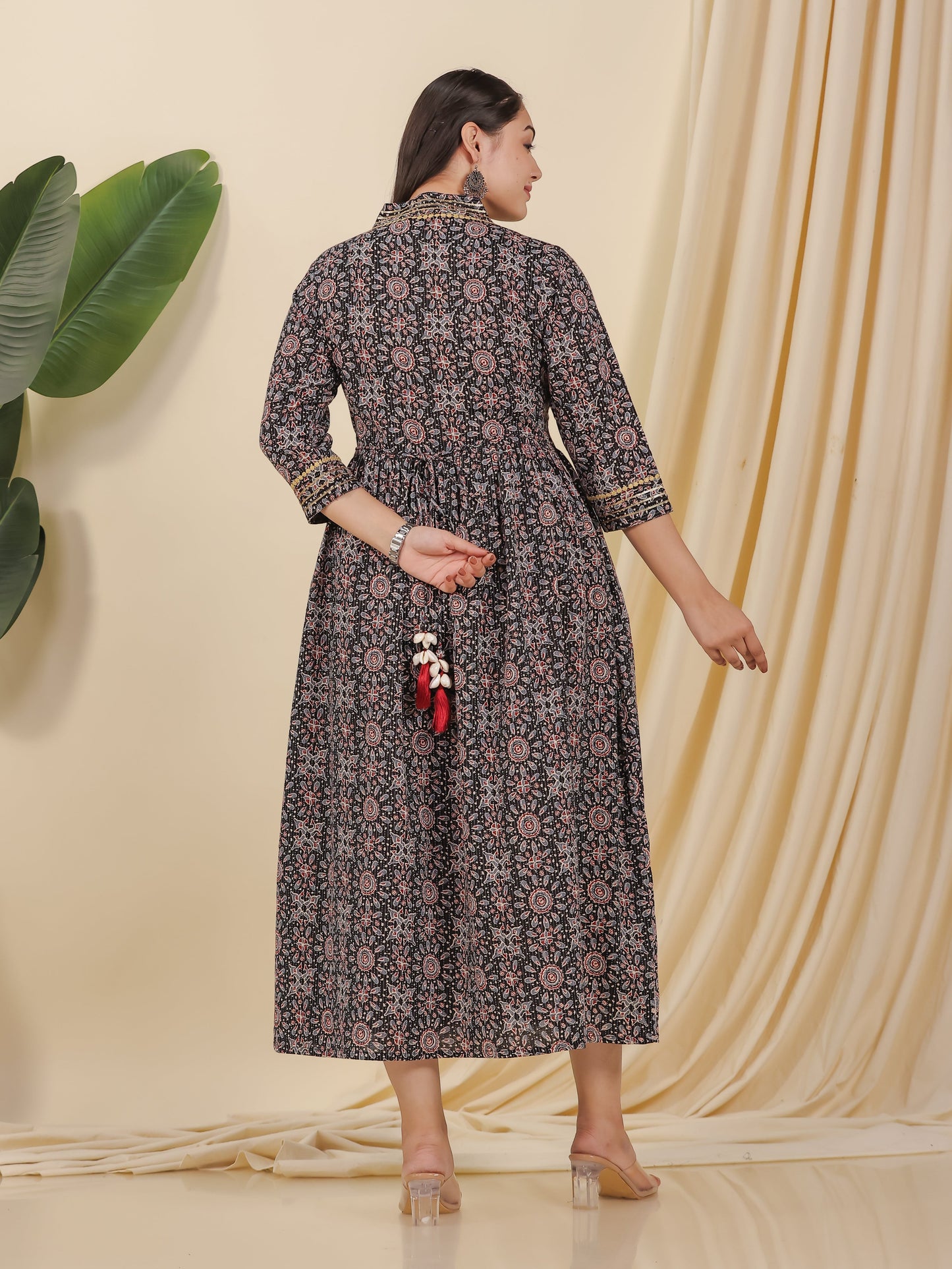 Embroidered Kantha Cotton Geometric Anarkali Black Dress