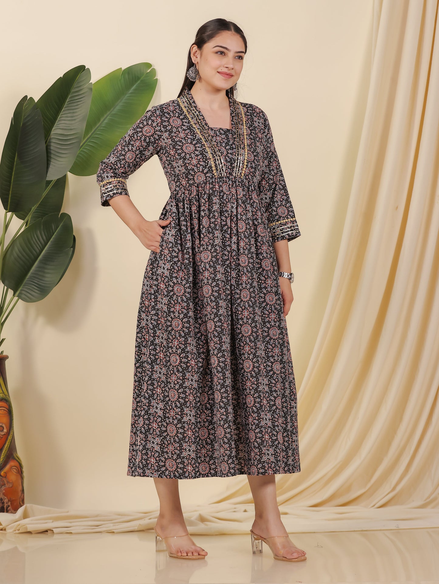 Embroidered Kantha Cotton Geometric Anarkali Black Dress
