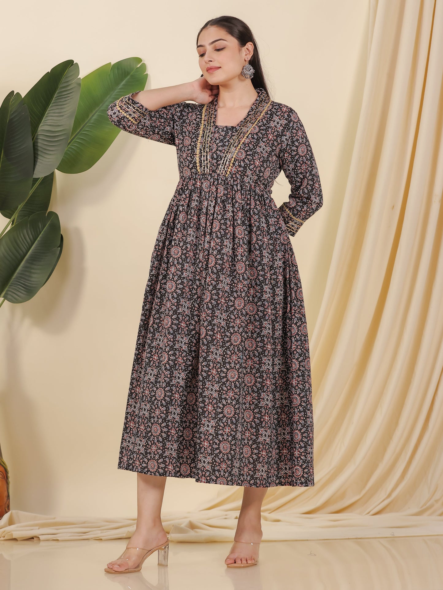 Embroidered Kantha Cotton Geometric Anarkali Black Dress