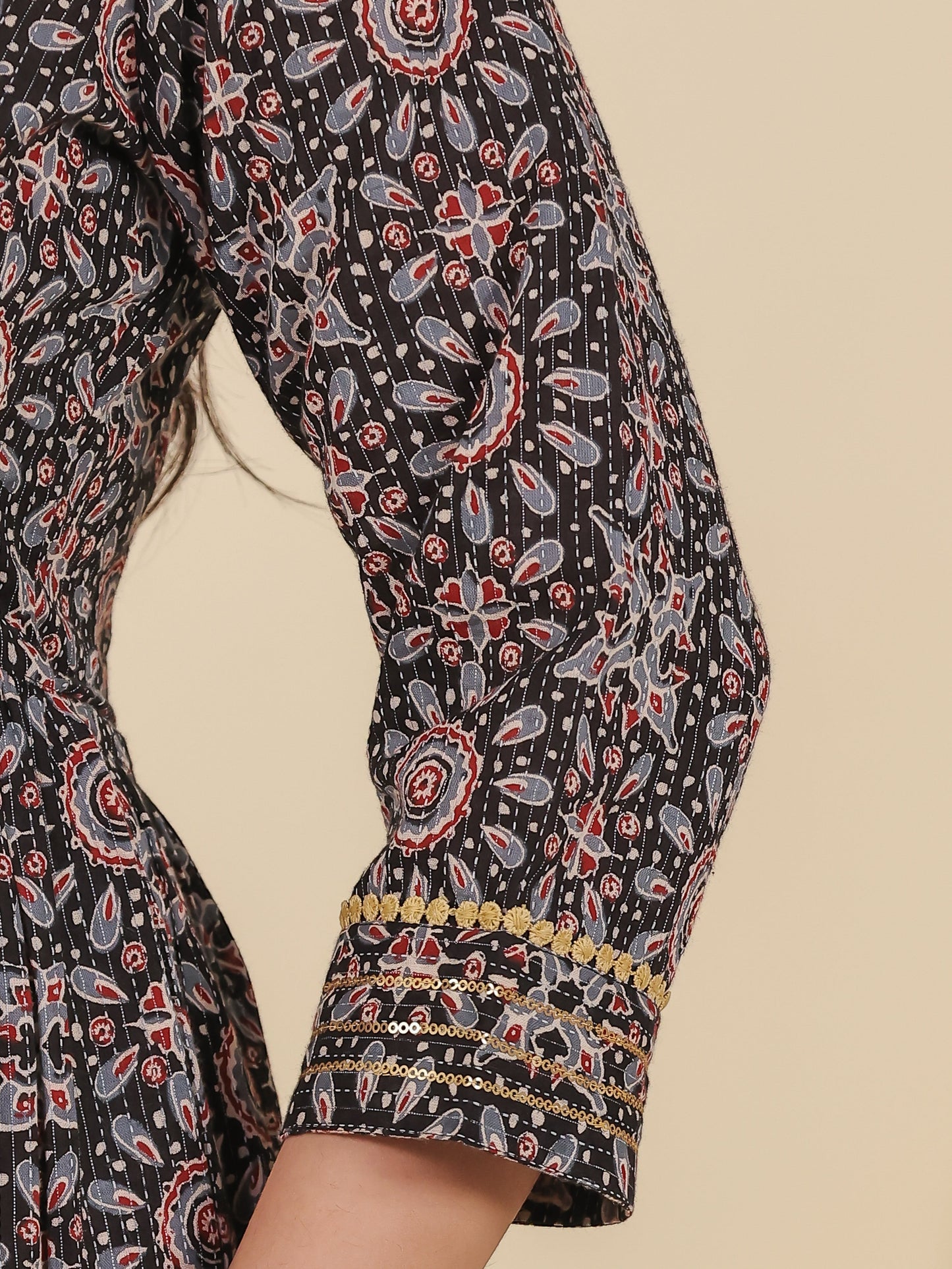 Embroidered Kantha Cotton Geometric Anarkali Black Dress