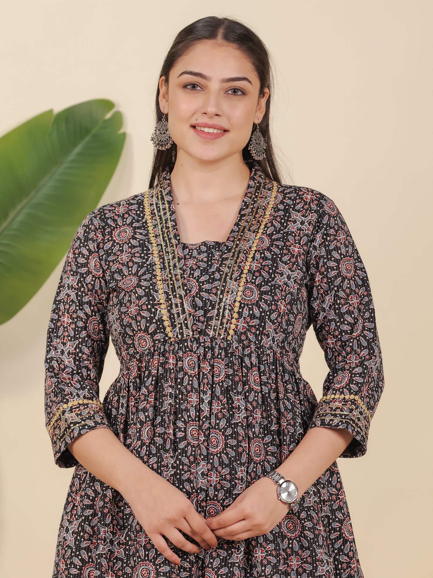 Embroidered Kantha Cotton Geometric Anarkali Black Dress
