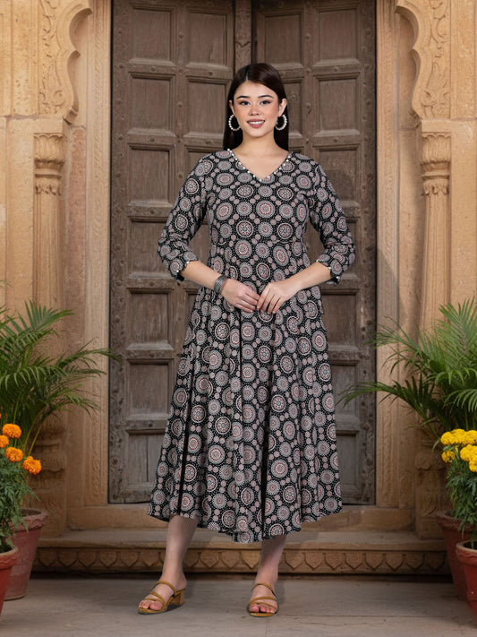 Kantha Cotton Geometric Anarkali Black Dress