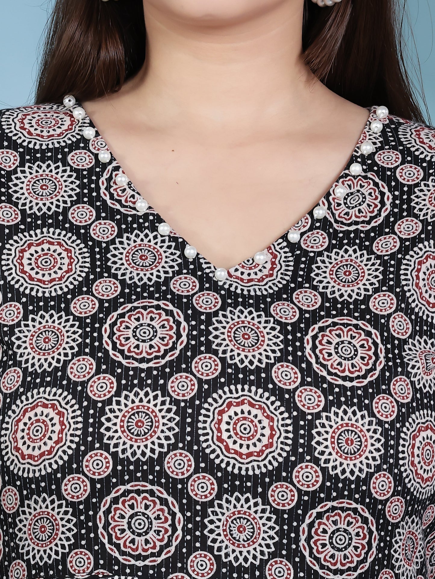Kantha Cotton Geometric Anarkali Black Dress