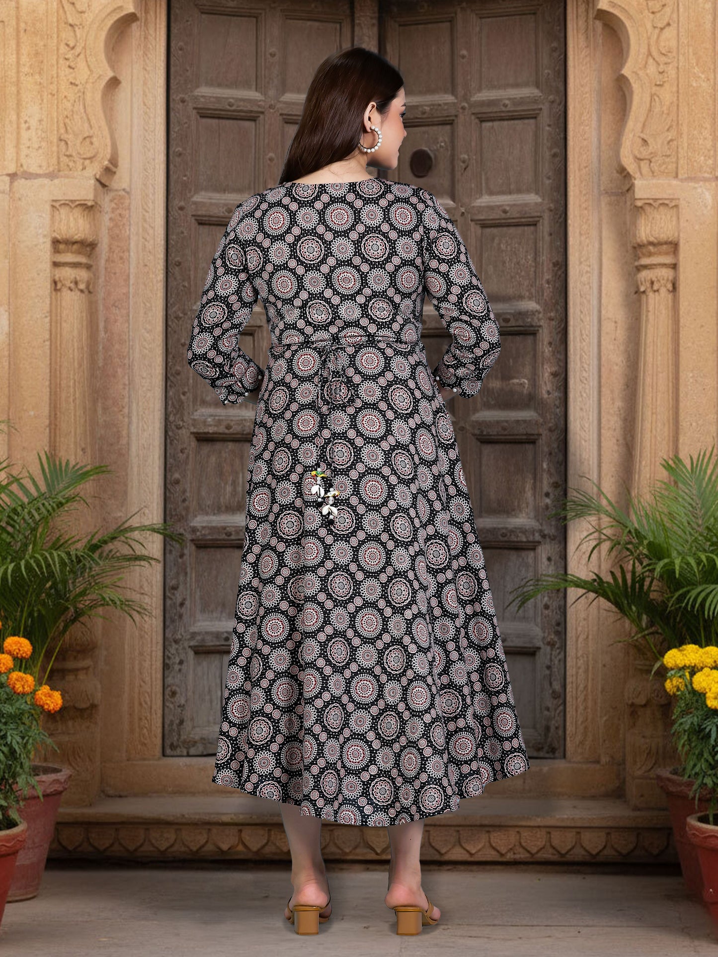 Kantha Cotton Geometric Anarkali Black Dress