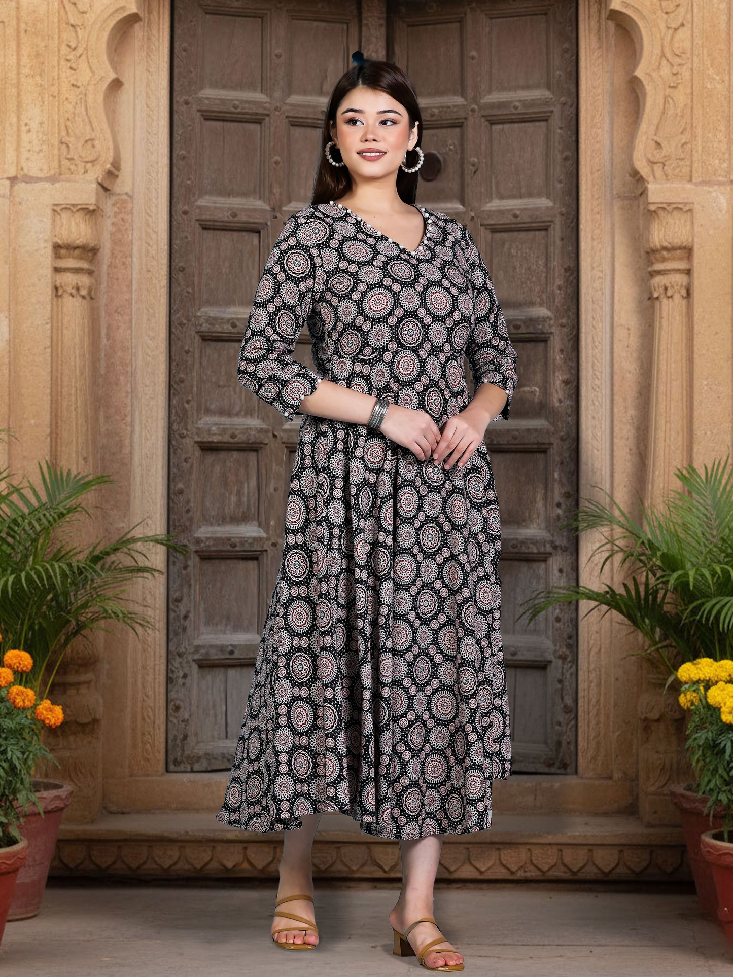 Kantha Cotton Geometric Anarkali Black Dress
